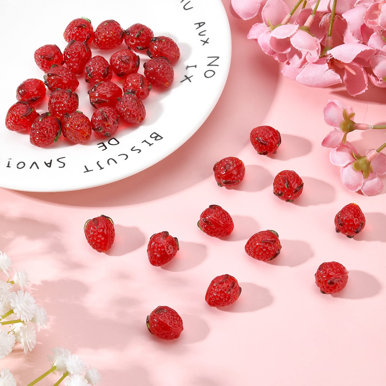 PH PandaHall - 30 Perline Di Vetro Lampwork A Forma Di Fragola 3D, Rosse Con Foglie, Per Creare Gioielli E Accessori Fai Da Te - 5