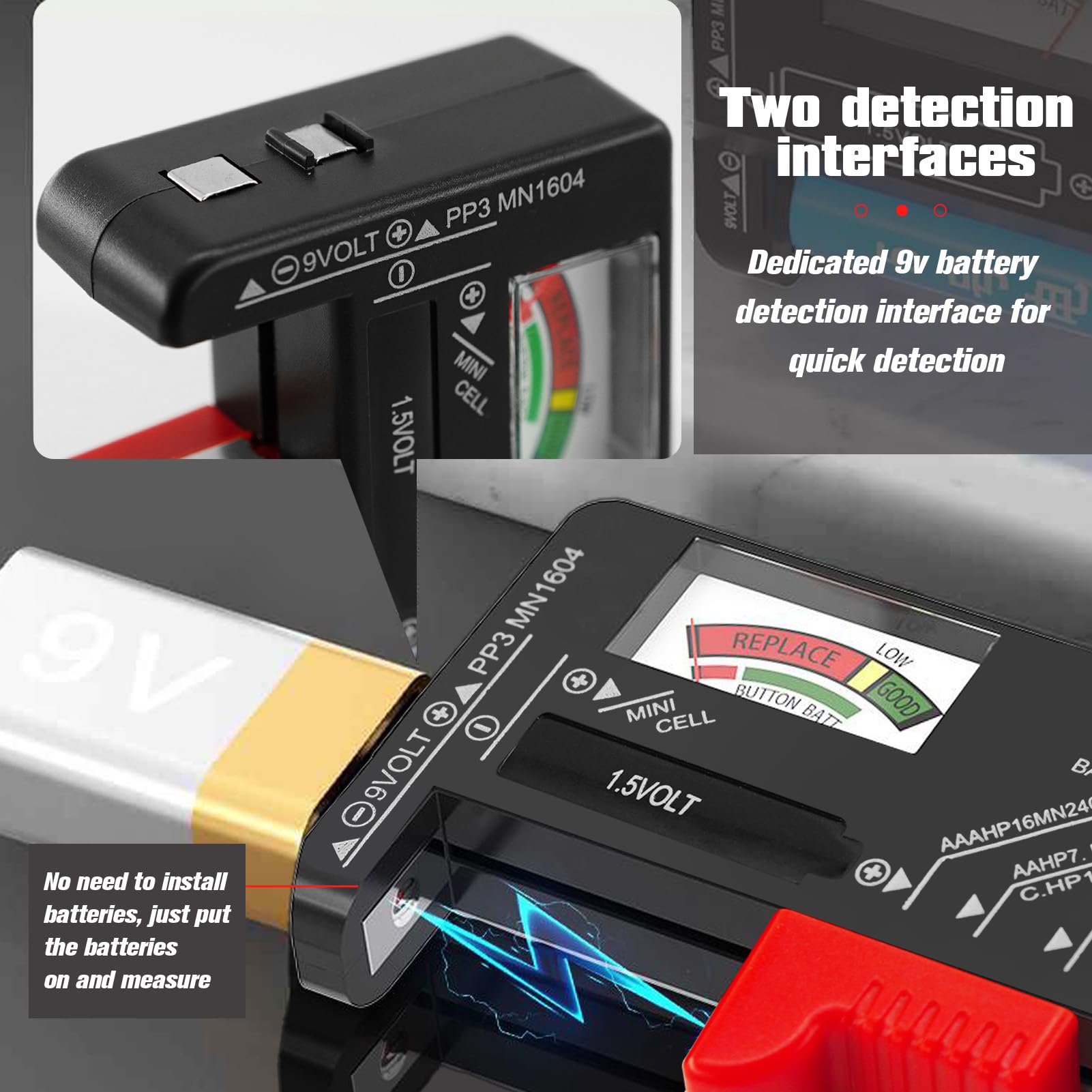 Set di 2 Tester Batteria Universale per Batterie AA AAA C D 9V 1.5V e a Bottone Nero