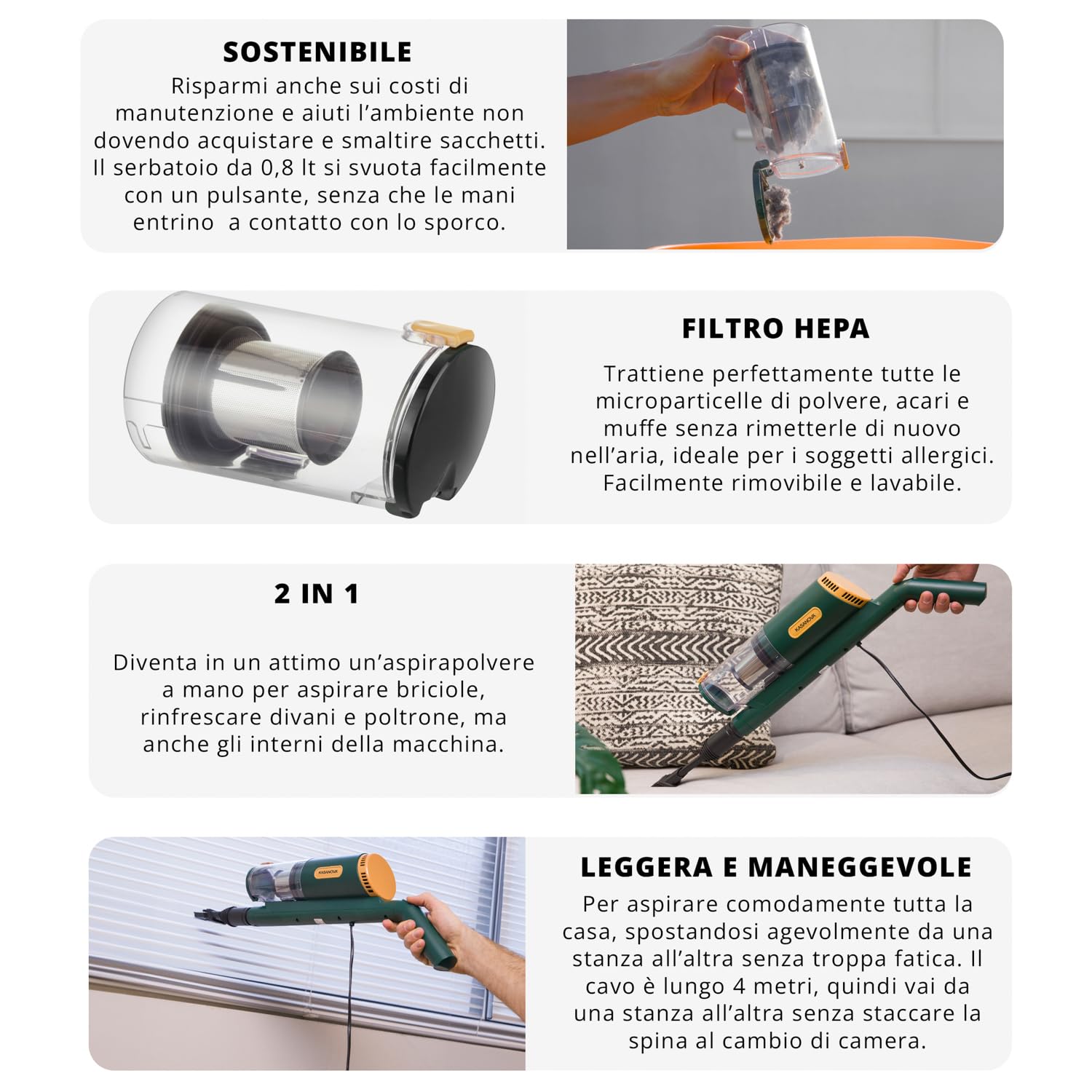 KASANOVA Scopa elettrica con filo 2 in 1, 400 W