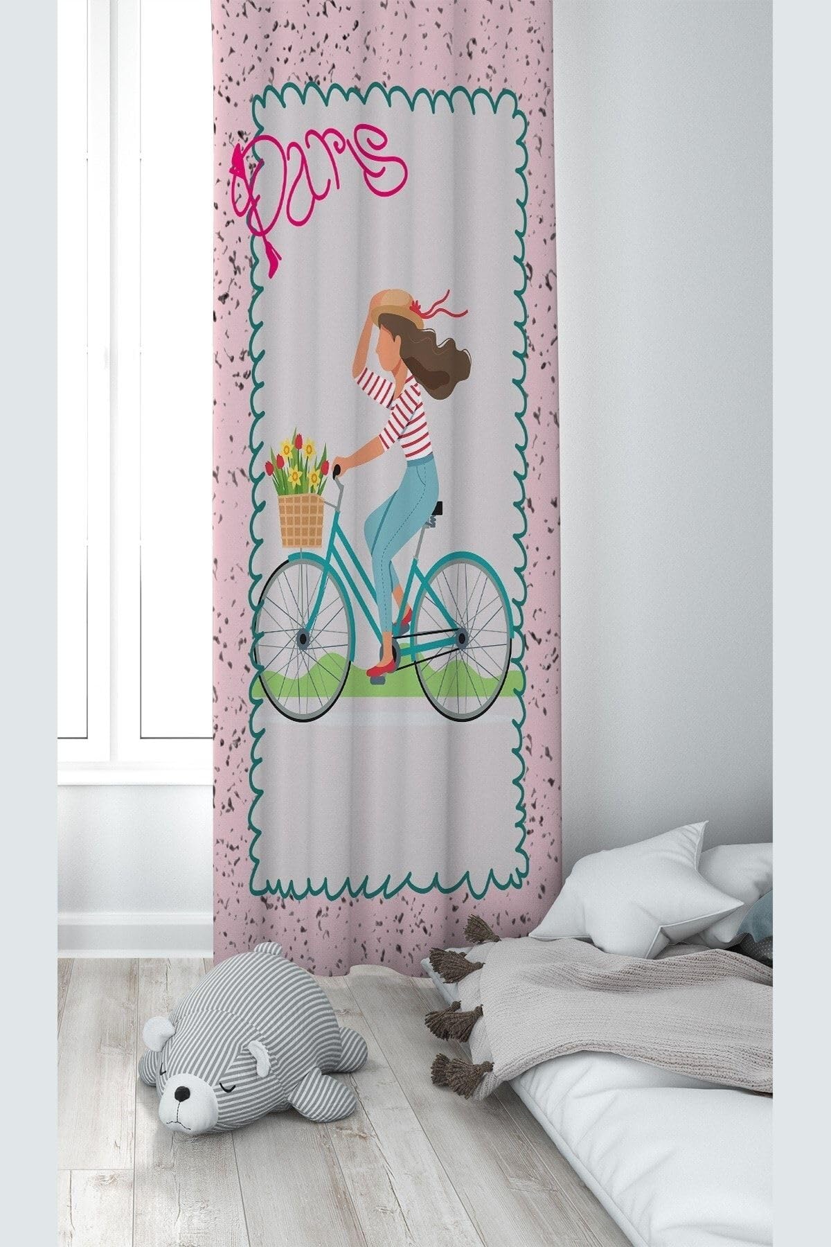 Pelangi Pembe Bisiklet Süren Kız Desenli Dijital Baskı Yıkanabilir Bebek Çocuk Odası Fon Perdesi, pembe-krem 140 x 270