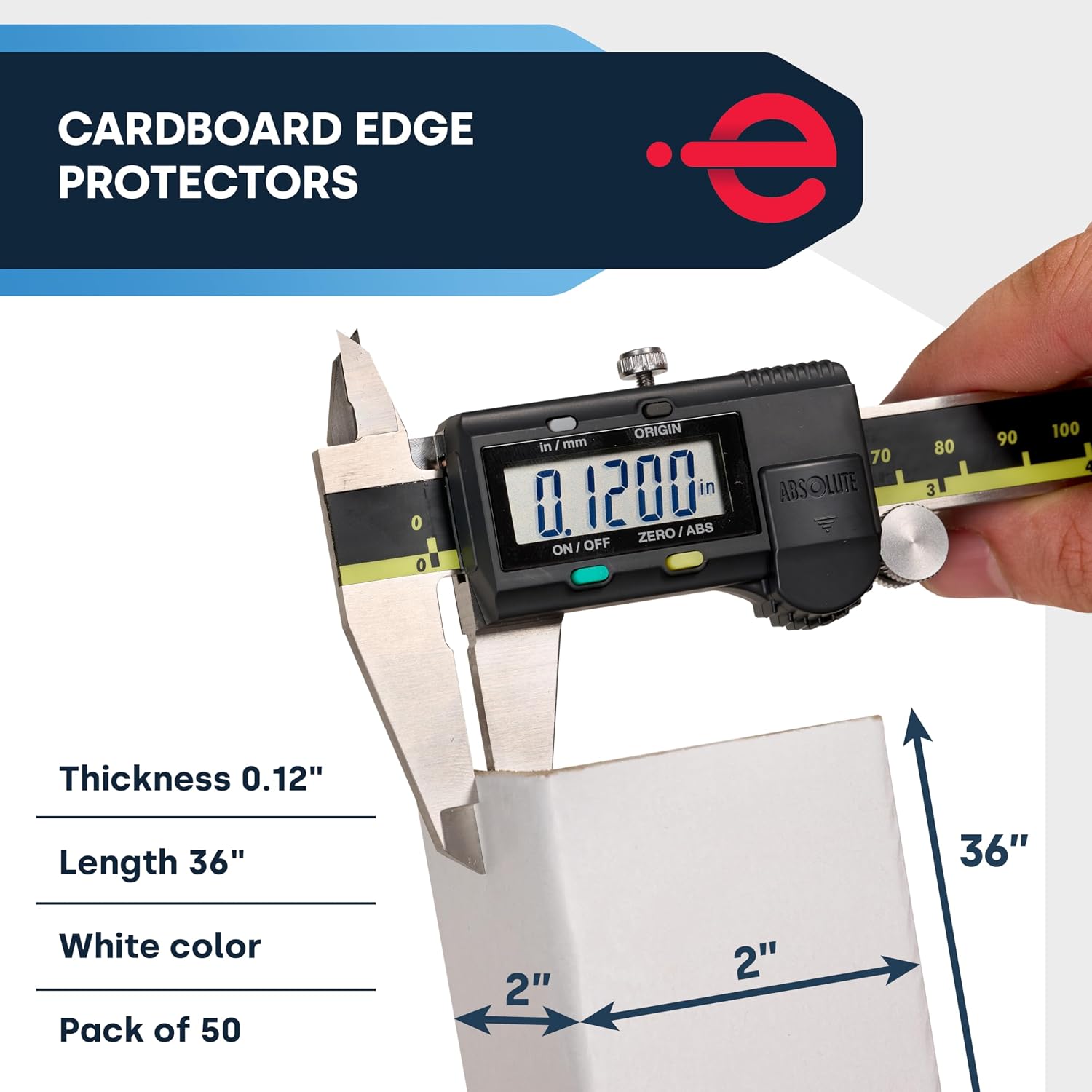 Cardboard Edge Protectors for Shipping - 2"W x 2"D x 36"L, Light Duty .120 ga, Pallet Corner Protectors, Angle Boards, White, 50/Pack