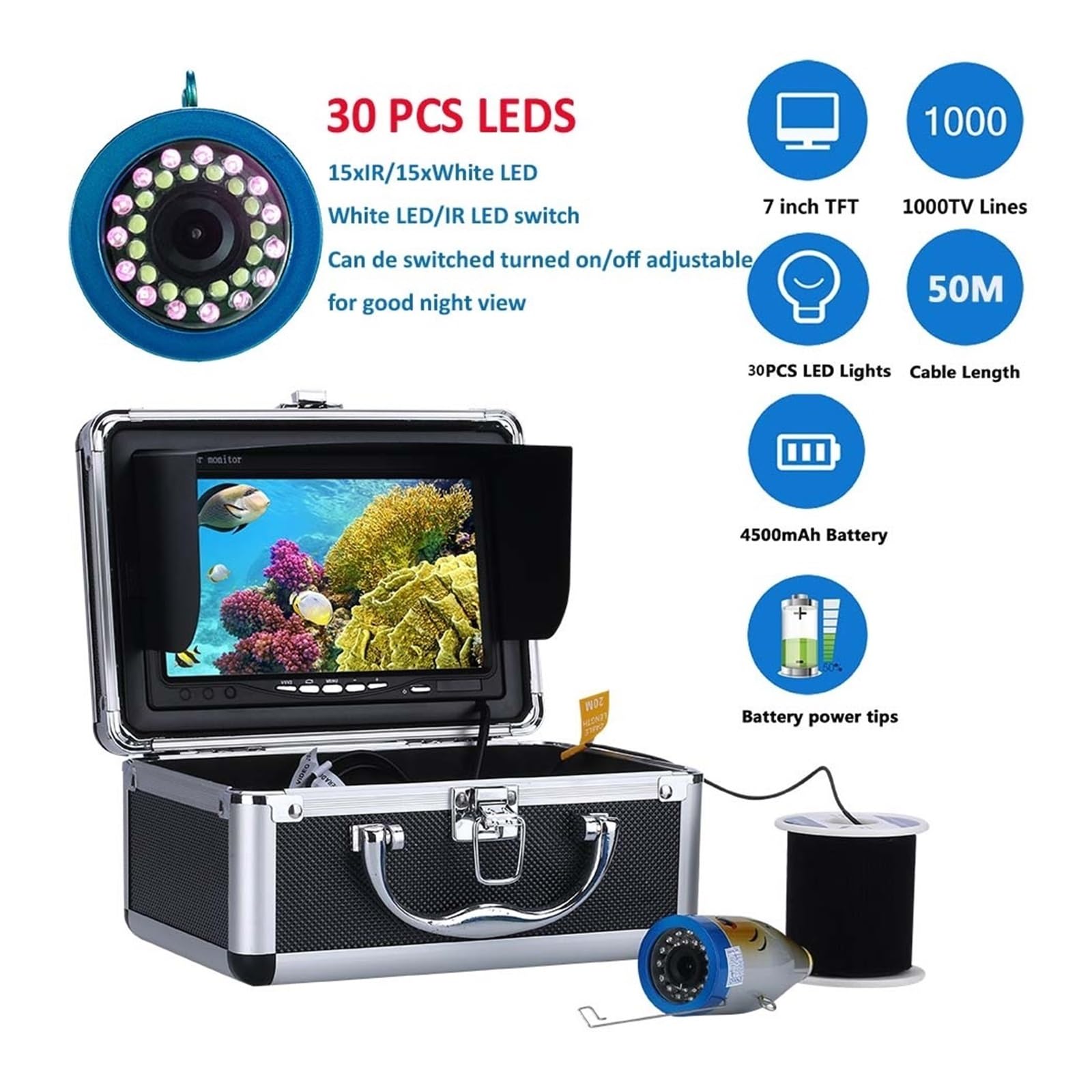 Cámara de Pesca Cámara de pesca submarina con buscador peces 7 pulgadas, lámpara doble, 30 LED, 15M, 30M, 50M, resistente al agua for en hielo/mar/río(50M NO DVR)