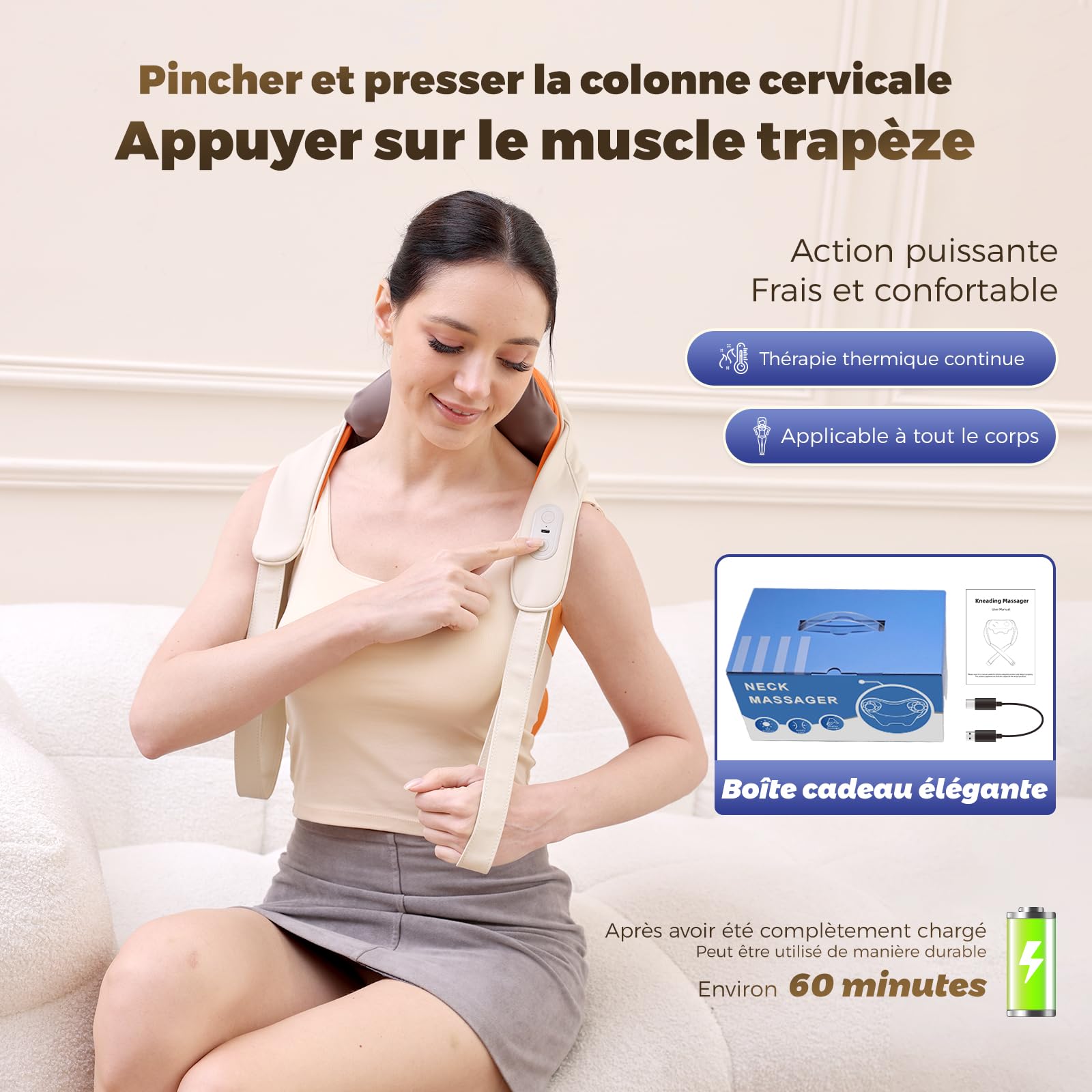 Appareil de massage du cou avec fonction chauffante, appareil de massage Shiatsu sans fil avec massage 4D des tissus profonds, pour les épaules, les jambes, les muscles du corps, soulagement