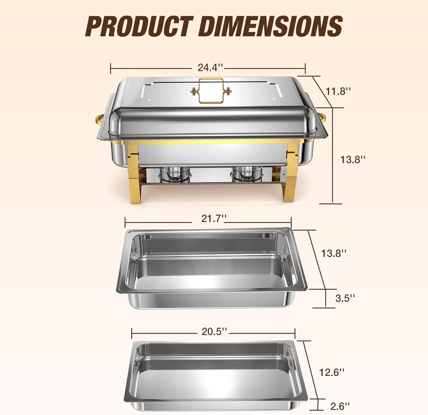 WARMOUNTS 4-Pack Gold Chafing Dishes for Buffet, 9QT Full Size Stainless Steel Chafers with Foldable Frame, Stackable Buffet Server and Food Warmer for Weddings, Parties, and Catering