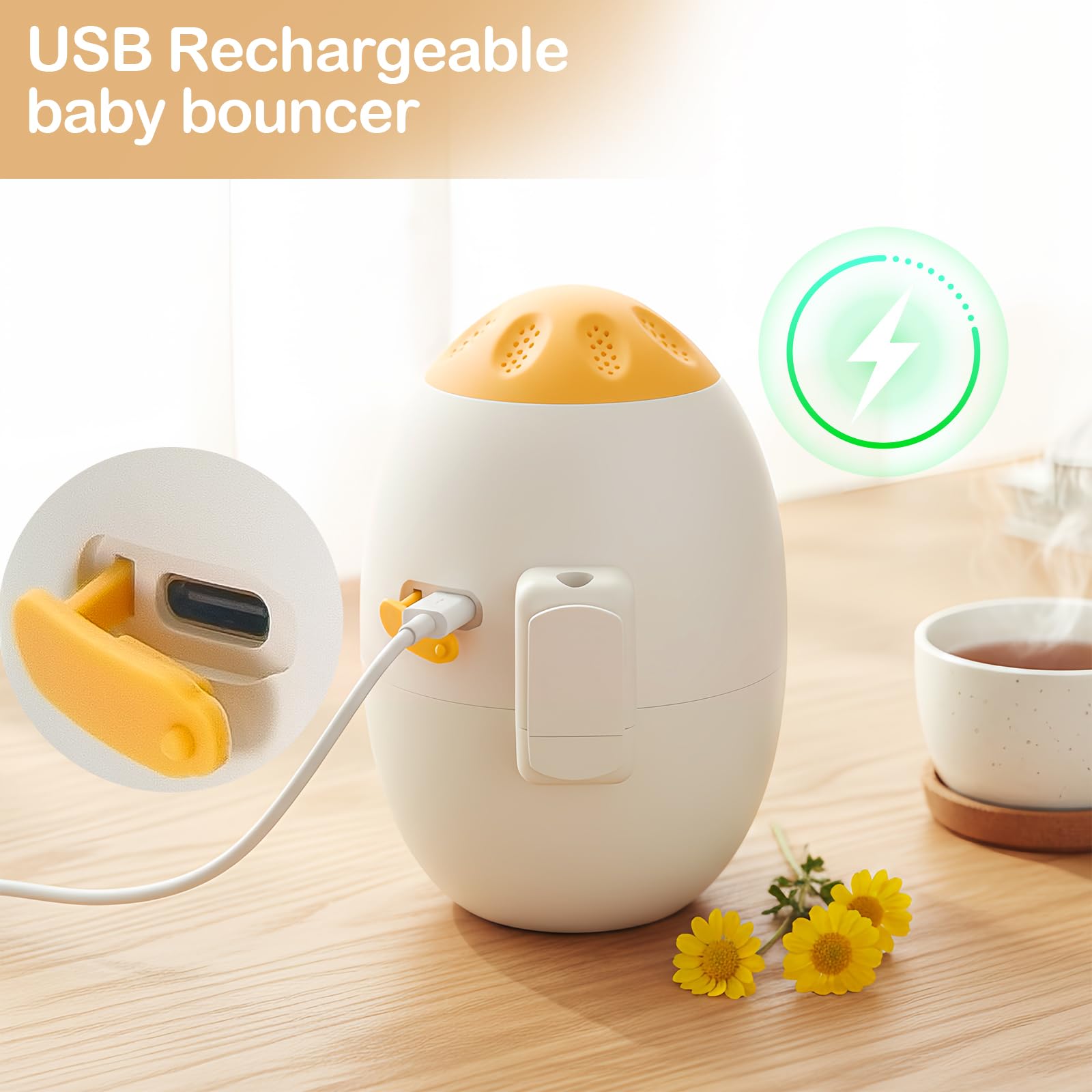 Auto Baby Rocker with White Noise Machine - Adjustable Baby Bouncer for Crib & Stroller, 11 Soothing Sounds, USB Fast Charging, Hands-Free Newborn Essentials, Beige - 5