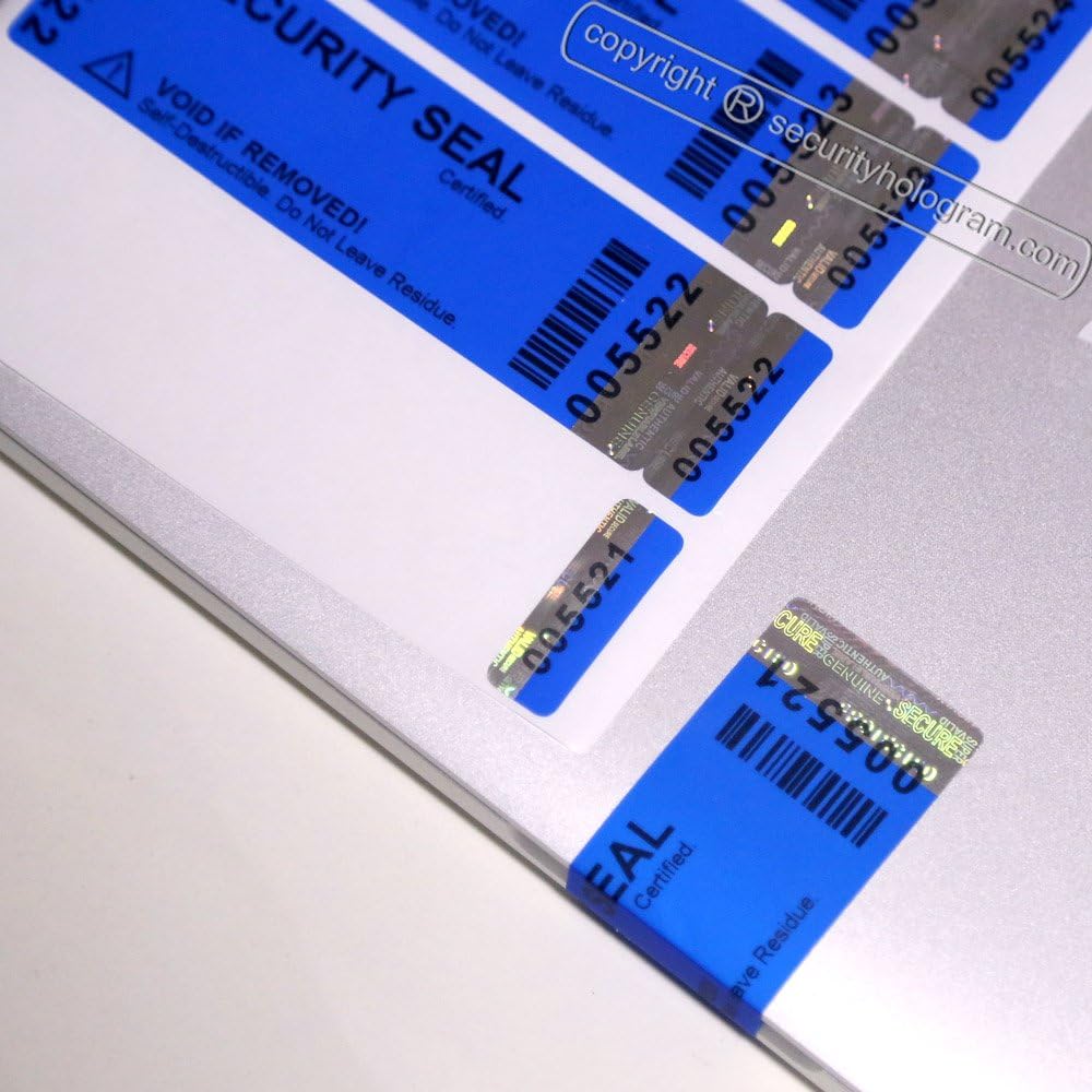 Security HologramLARGEST-60 Non- Residue! Self-Destructible, Tamper Evident, Void Labels 110mm x 30mm, Two Parts Unique Double Serial Numbers and one Barcode. Blue