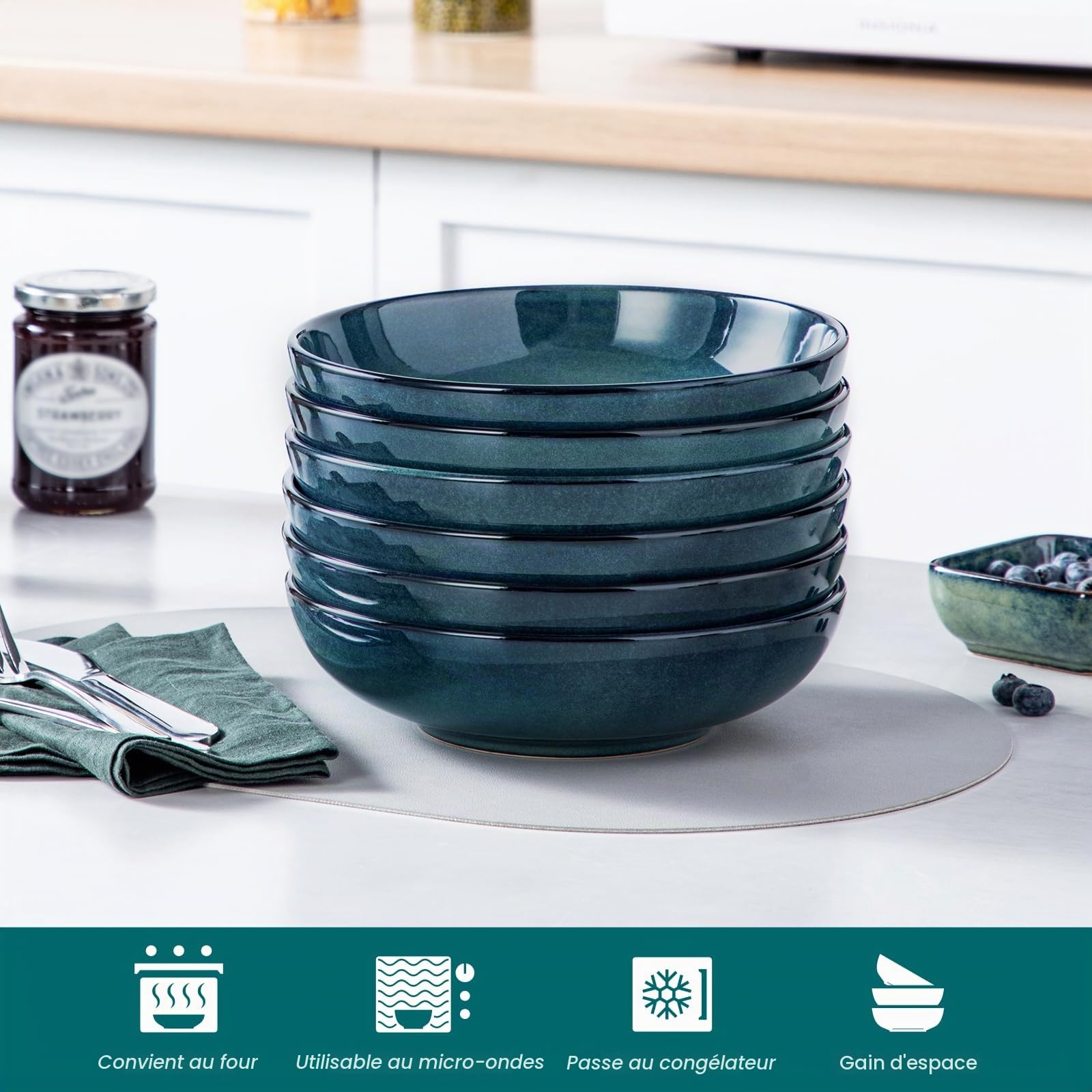 vancasso Lot de 6 Bol à Pâtes en Céramique de 1140 ML (21,8 x 6 cm) pour Servir, Passent au Micro-ondes et au Four à Soupe pour Cuisine, vert, Série STERN