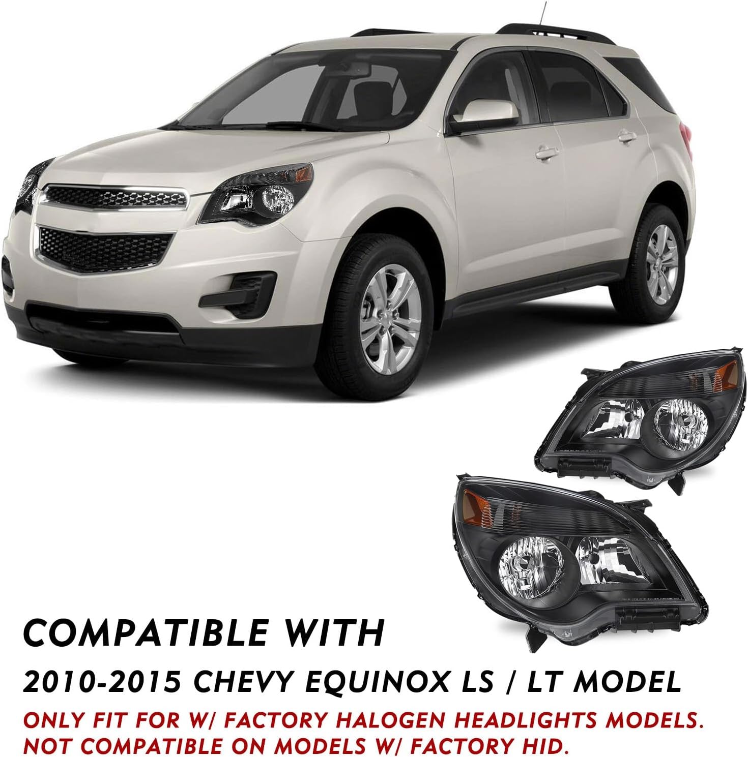 Headlight Assembly Compatible with 2010-2015 Chevy Equinox LT/LS,Halogen Headlamp for Chevrolet Equinox 2010 2011 2012 2013 2014 2015 Replacement Driver Passenger Side Black Housing Amber Reflector