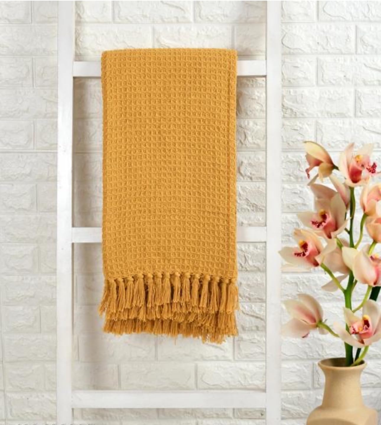Dolce Casa Soft Cotton Waffle Throw Blanket | Used Both Indoor and Outdoor | Ideal for Living Room, Sofa, Bed & Chair | 130x170 cm- Yellow.-image-45