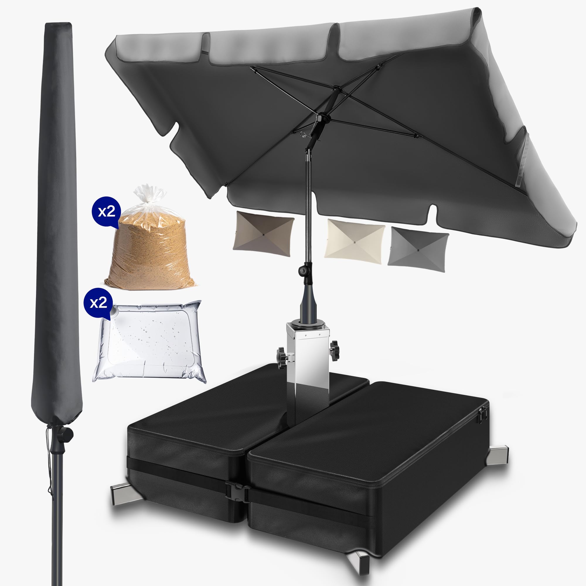 Menz 3-IN-1 Sonnenschutz Balkon Set - Sonnenschirm rechteckig 200 x 125 cm + Sonnenschirmständer + Schirmhülle - Sonnenschirm Balkon mit Ständer, Balkonschirm