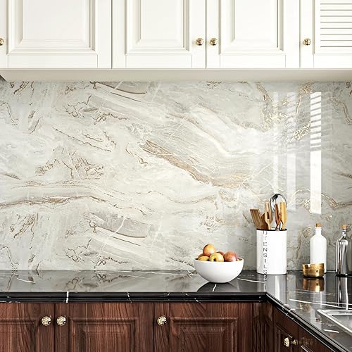 Miniatura 5 de Papel adhesivo de mármol beigedorado de 15.7 x 236 pulgadas, papel tapiz de mármol brillante para despegar y pegar para baño, cocina, rollo de
