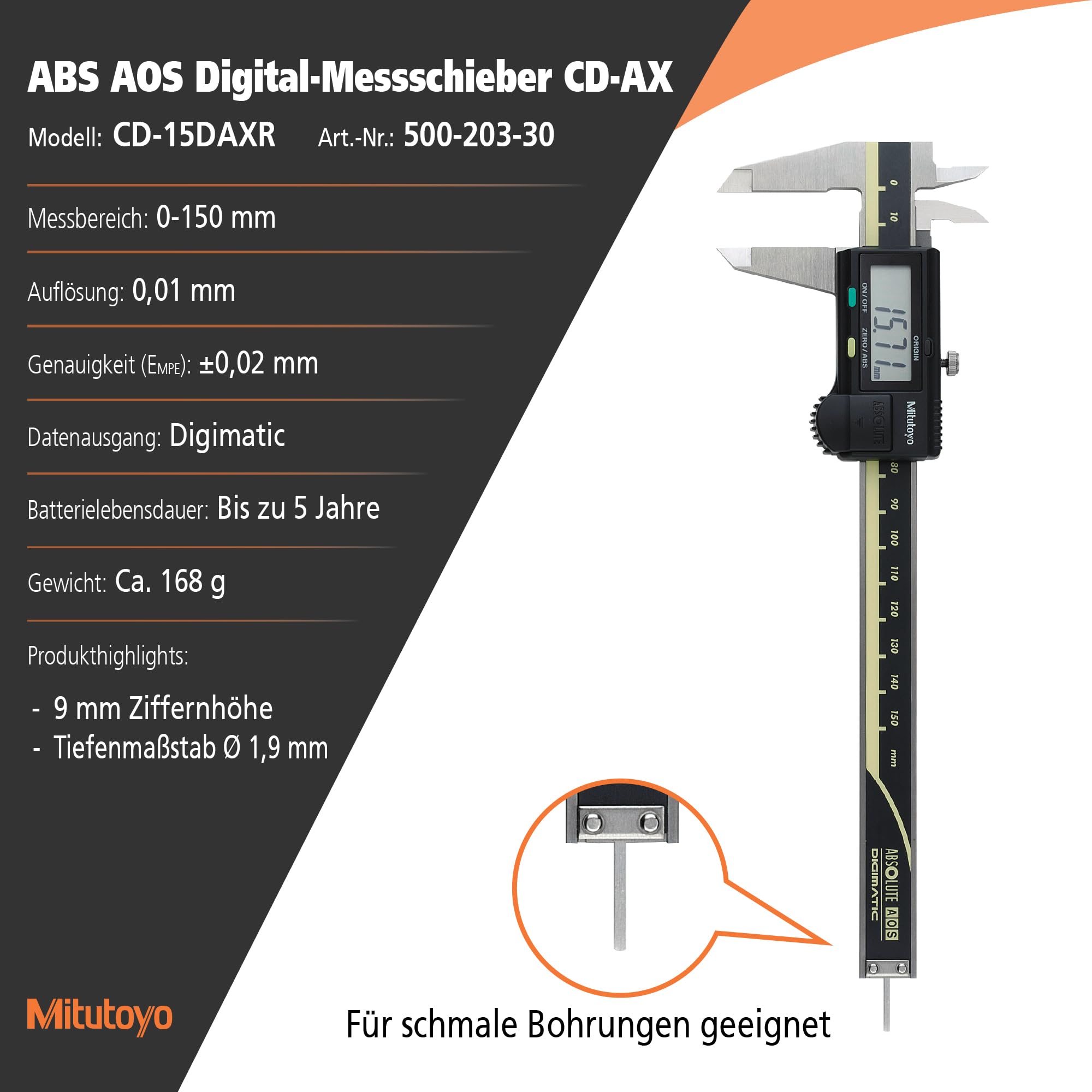 Mitutoyo Digital ABS AOS Messschieber, 0-150 mm, runde Tiefenmessstange, Datenausgang | 0,01 mm, Nullpunkt gespeichert, rundes Tiefenmaß, Datenausgang