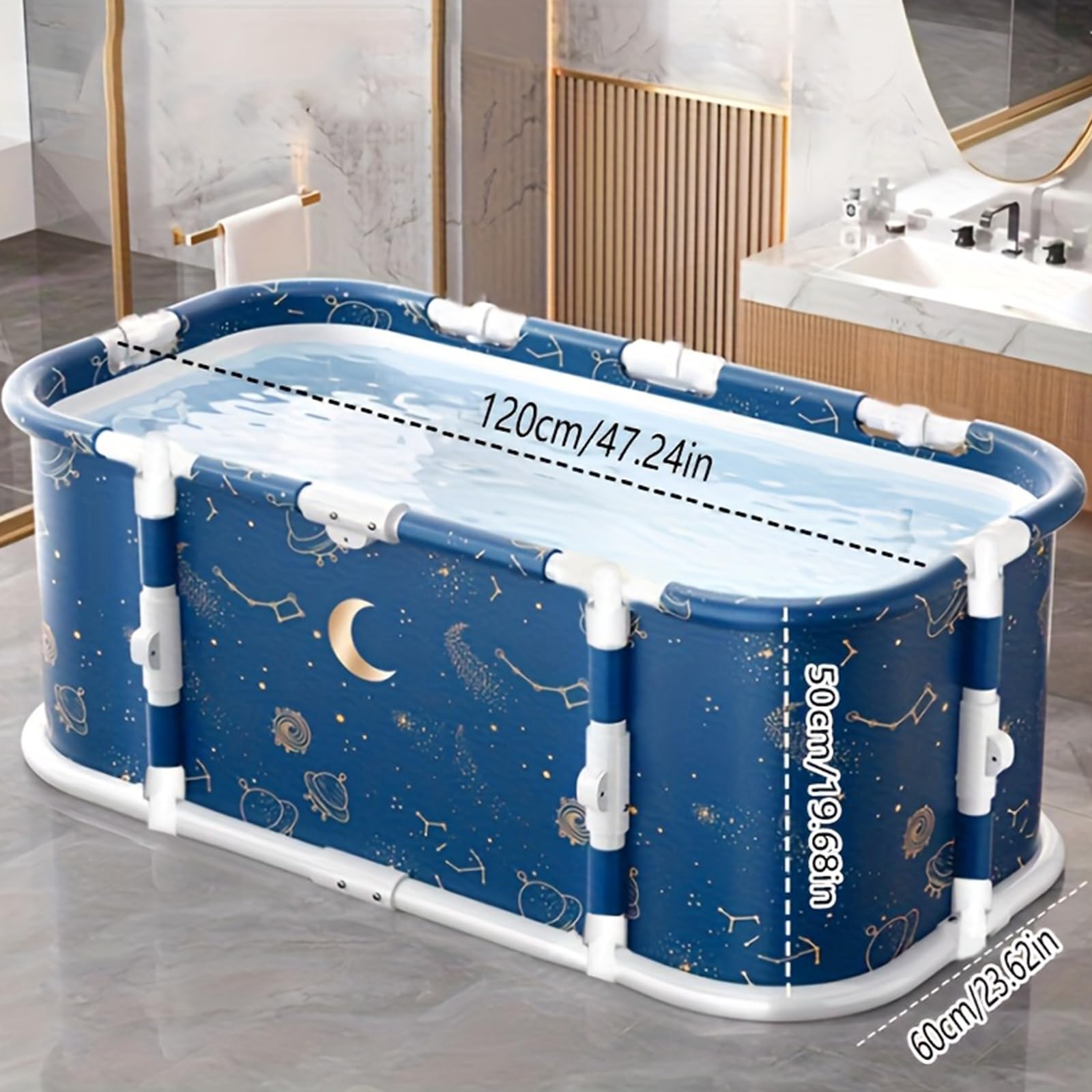 Faltbadewanne 120x60x50cm für Erwachsene, Mobile Badewanne mit 7 Isolierschichten & Stabilem Rohrrahmen – Auslaufsicher, mit Seitlichem Ablauf & Komfortkissen