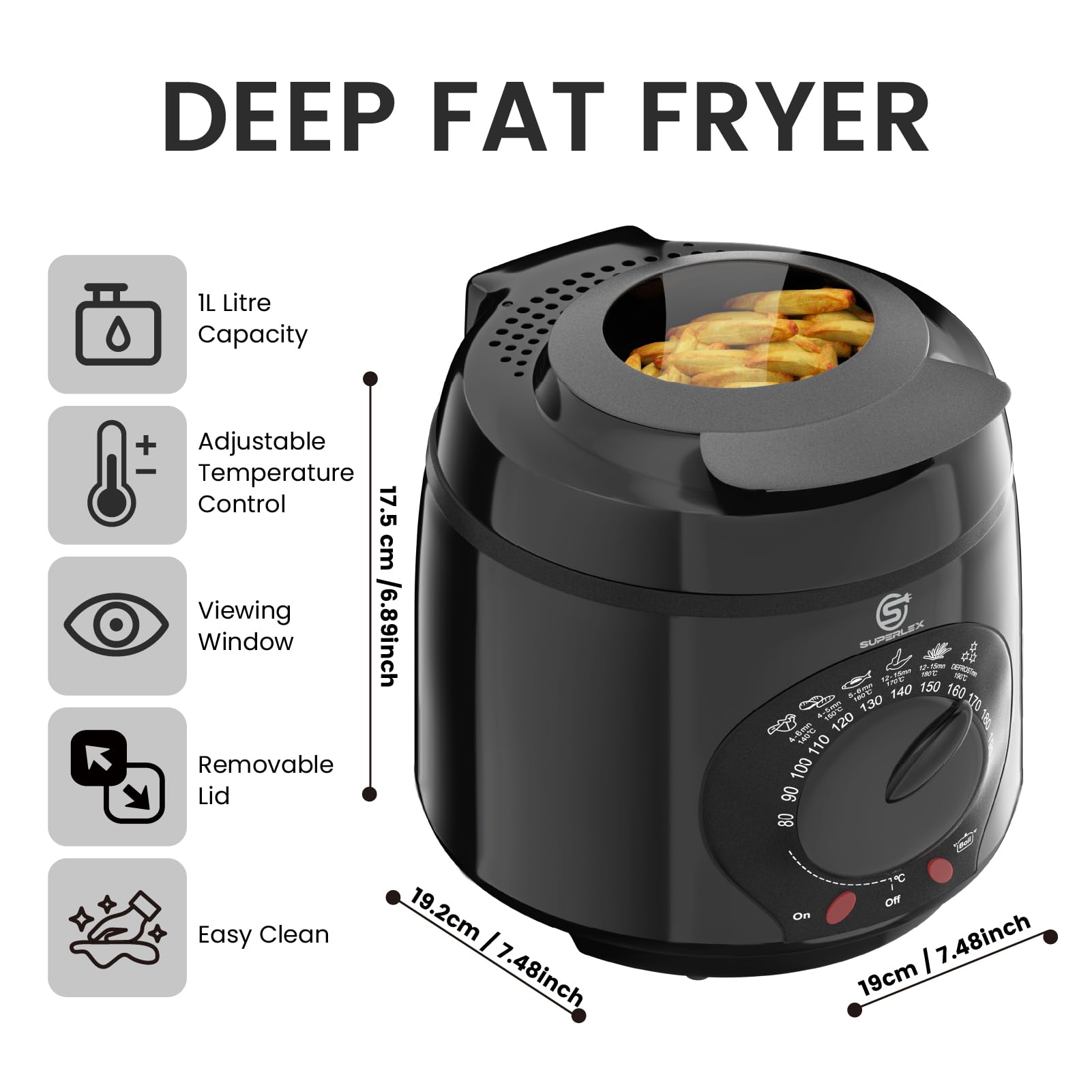 Friteuse mit Fett 1L Elektrische 950W Kompakte Mini Fritteuse Öl mit Temperaturregelung Edelstahl Filter für Knusprige Pommes Frites Hähnchen Fisch Snacks für Küche Haushalt Gastronomie