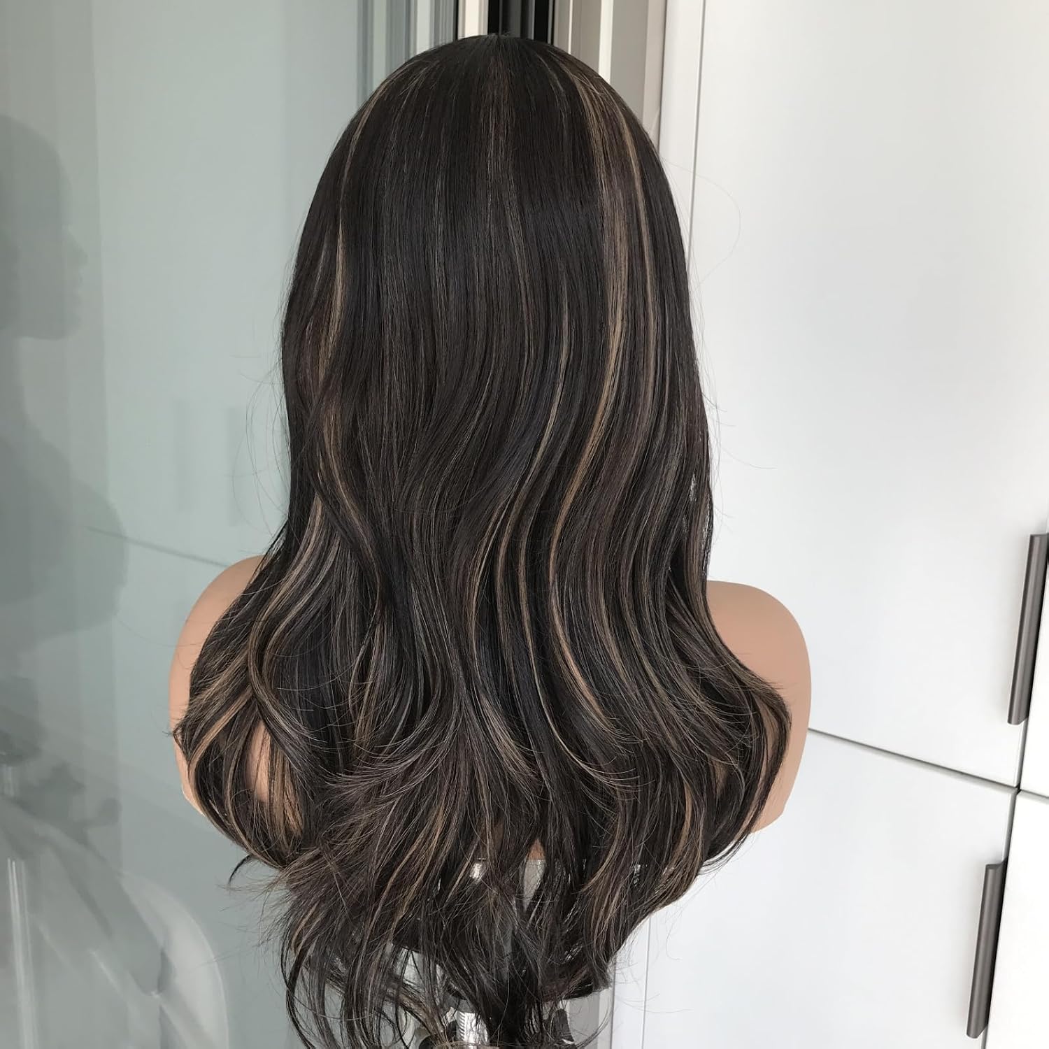 Dark Brown with Blonde Highlight Body Wave Synthetic Lace Wig with Bang Wear and Go Glueless Wig for Women 1x3 Top Lace Realistic Look with True Scalp Daily Use 18 Inch