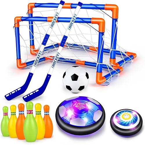 Hover - Juego de hockey para niños, 4 en 1, pelota de fútbol flotante, recargable con luz LED, juegos deportivos para interiores y exteriores para