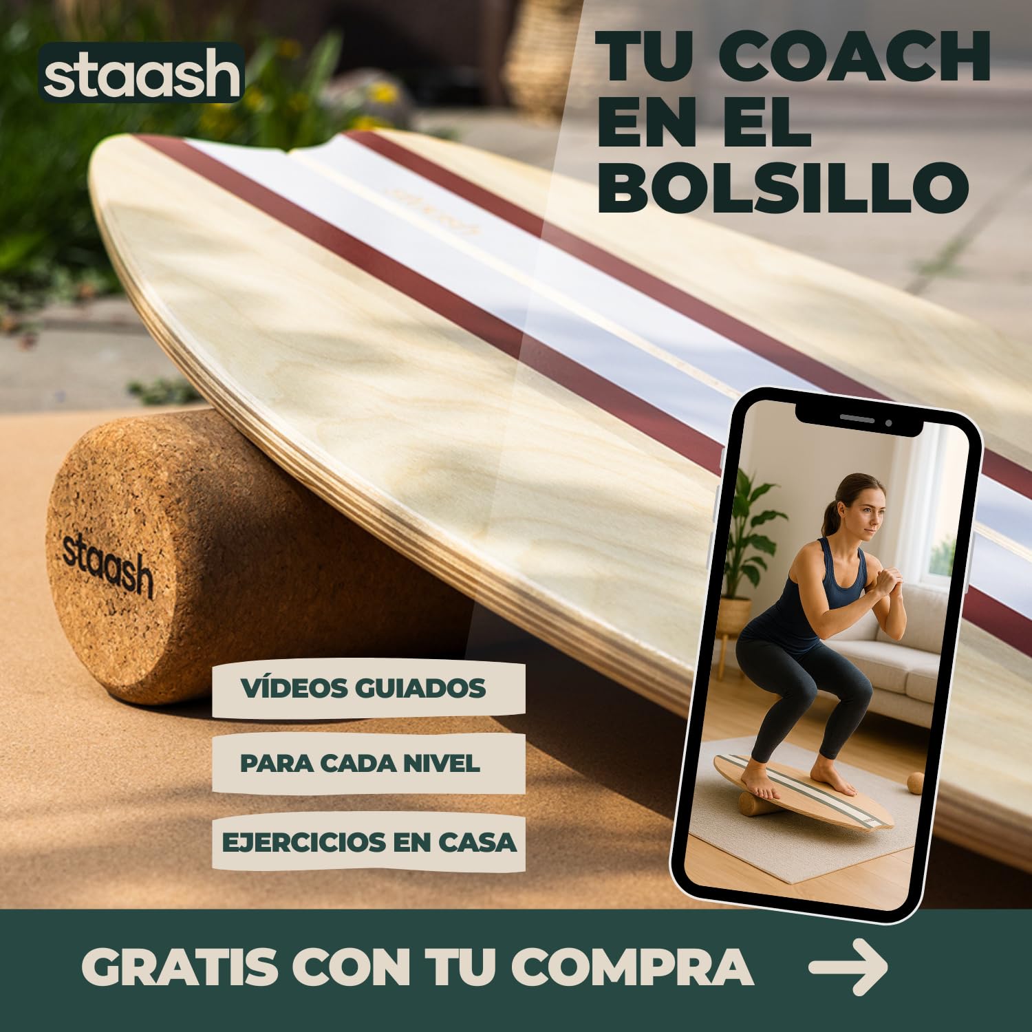STAASH Balance Board – Tabla de Equilibrio Principiante, Rodillo y Pelota | Kit 3 piezas: tabla de equilibrio de madera antideslizante, rodillo y pelota · ideal para empezar · yoga, fitness, surf