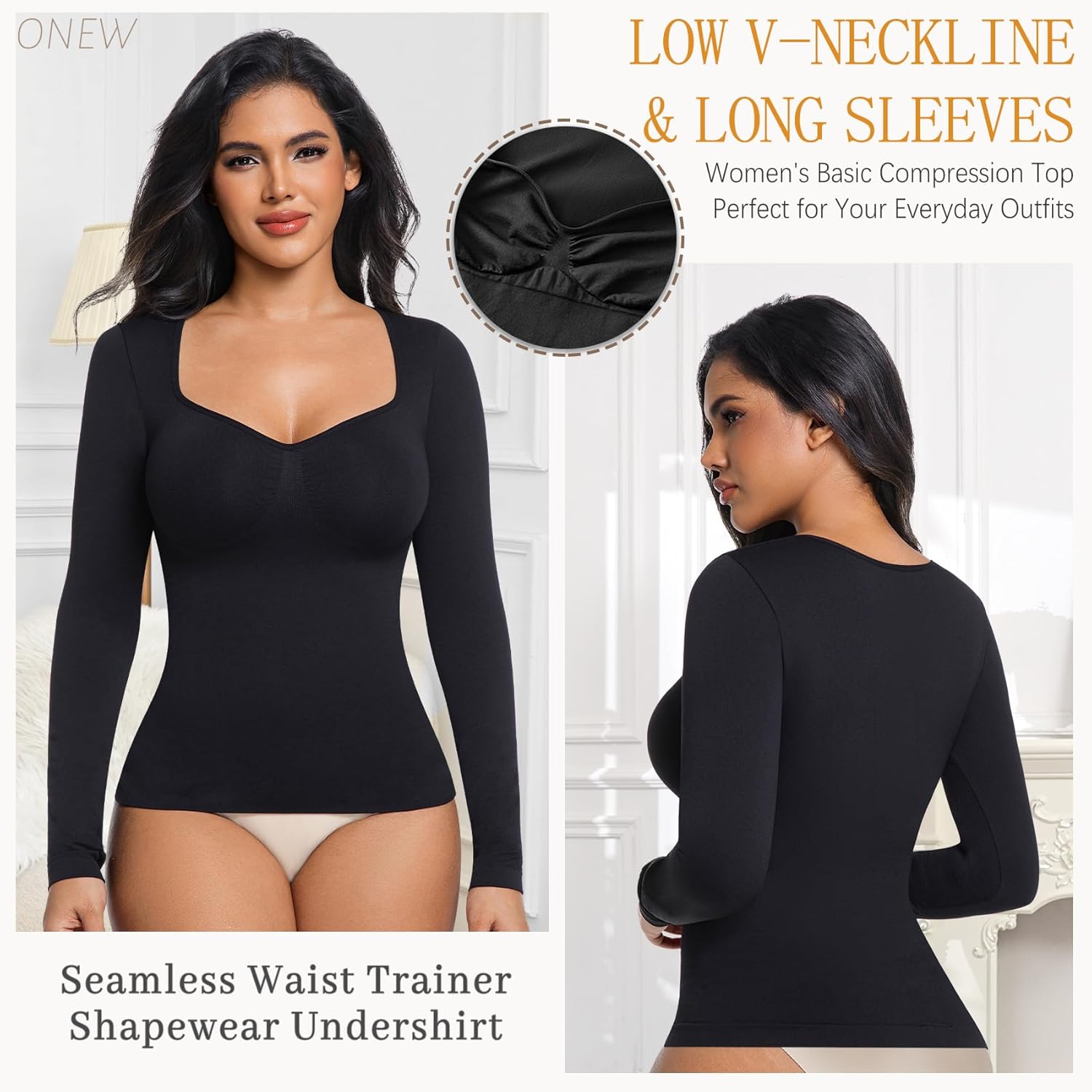 ONEW Shapewear Tummy Control Long Sleeve Shirts For Women Seamless V Neck Compression Shirt Slimming Body Shaper - Image 2