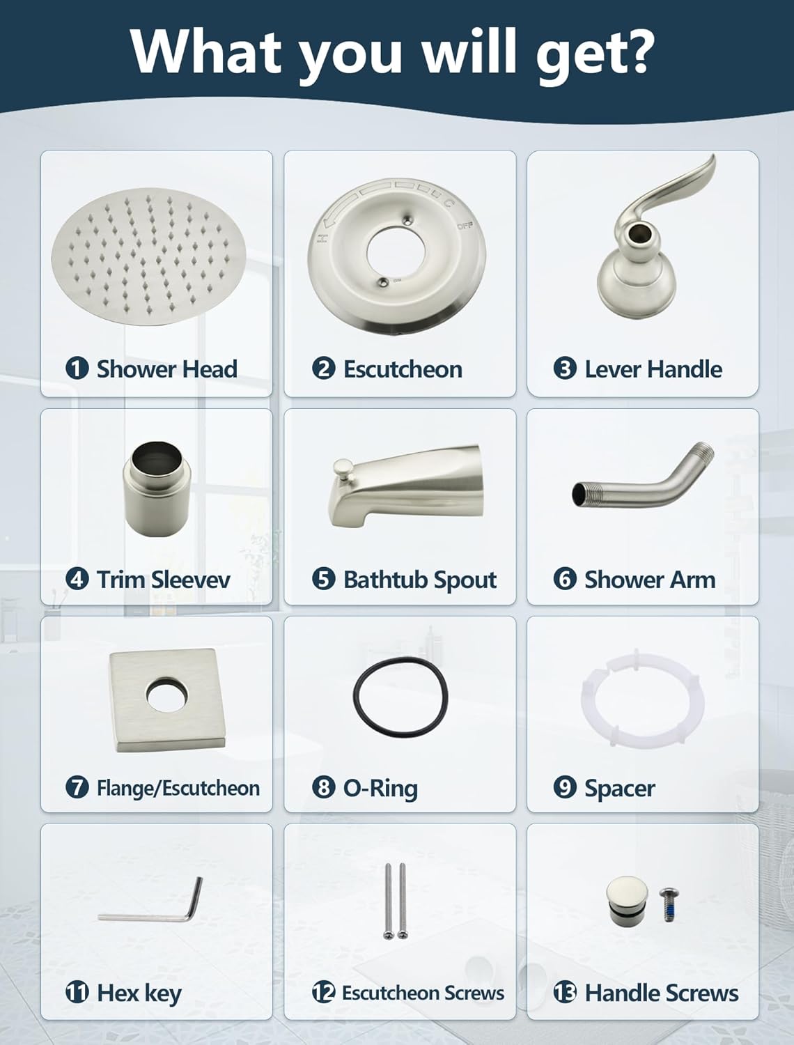 Replacement 8" Rainfall Shower Faucet Tub Trim Kit for Delta 13/14 Series, High-Pressure Rain Shower Head System with Tub Spout, Brushed Nickel (Valve Not Included)