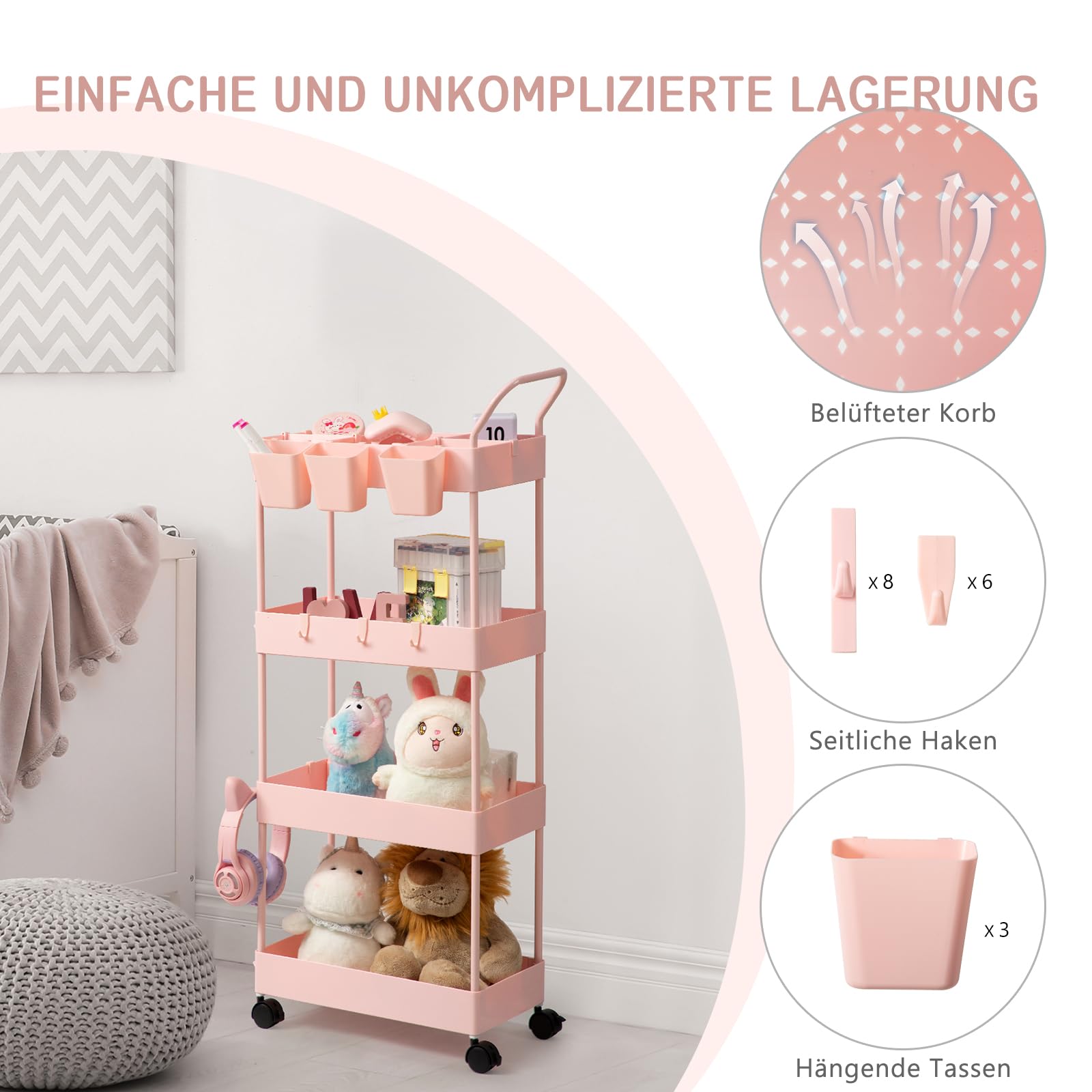 danpinera Chariot de rangement fin, chariot de salle de bain à 4 niveaux – Chariot à linge étroit avec roulettes, diviseurs, tasses suspendues, crochets, poignée, chariot de maquillage – Étagère de