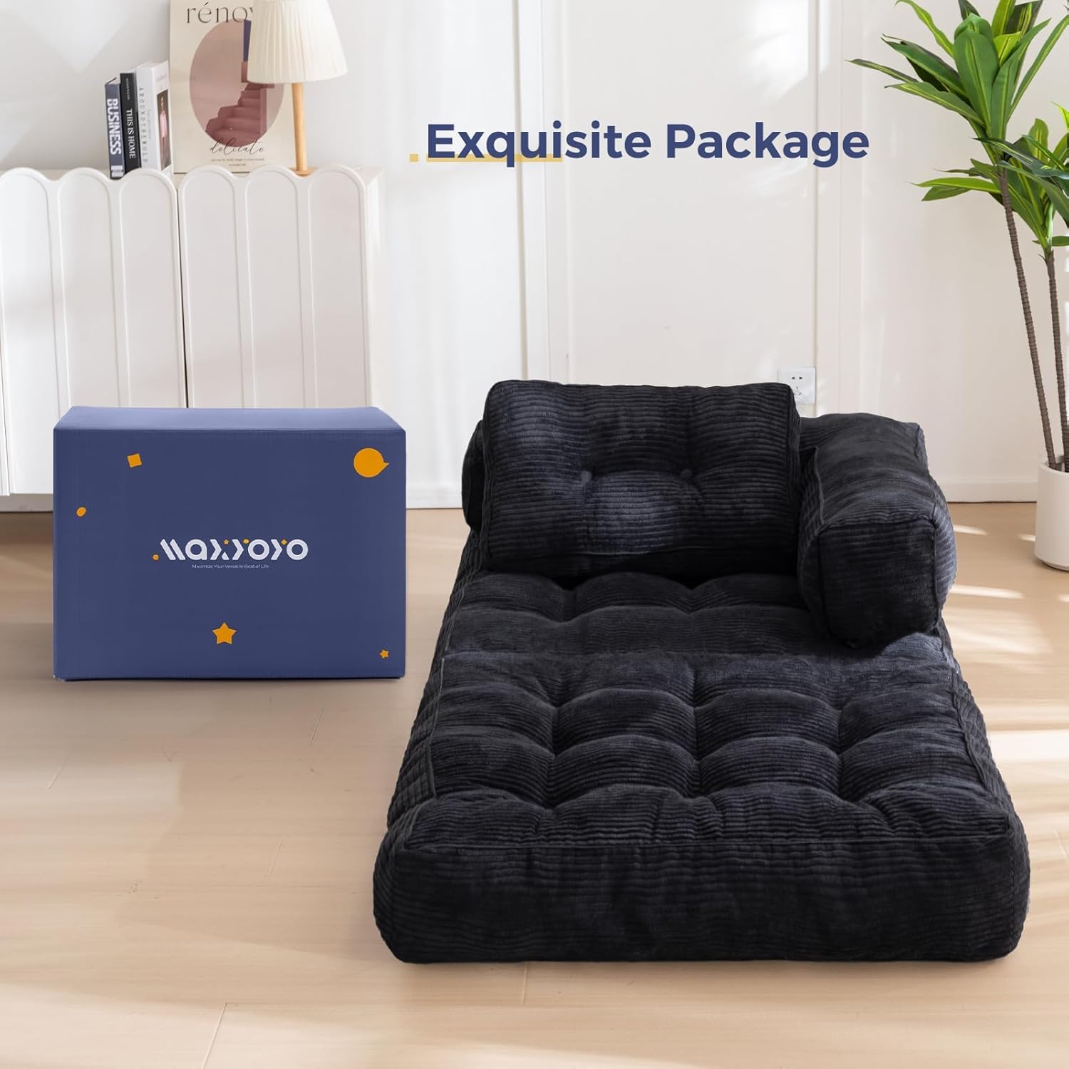 MAXYOYO Folding Sofa Bed, L-Shaped Convertible Sofa with Armrest Foldable Sleeper with Pillow, Portable Fold Out Chair Bed Comfy Floor Lounge for Living Room Bedroom, Black