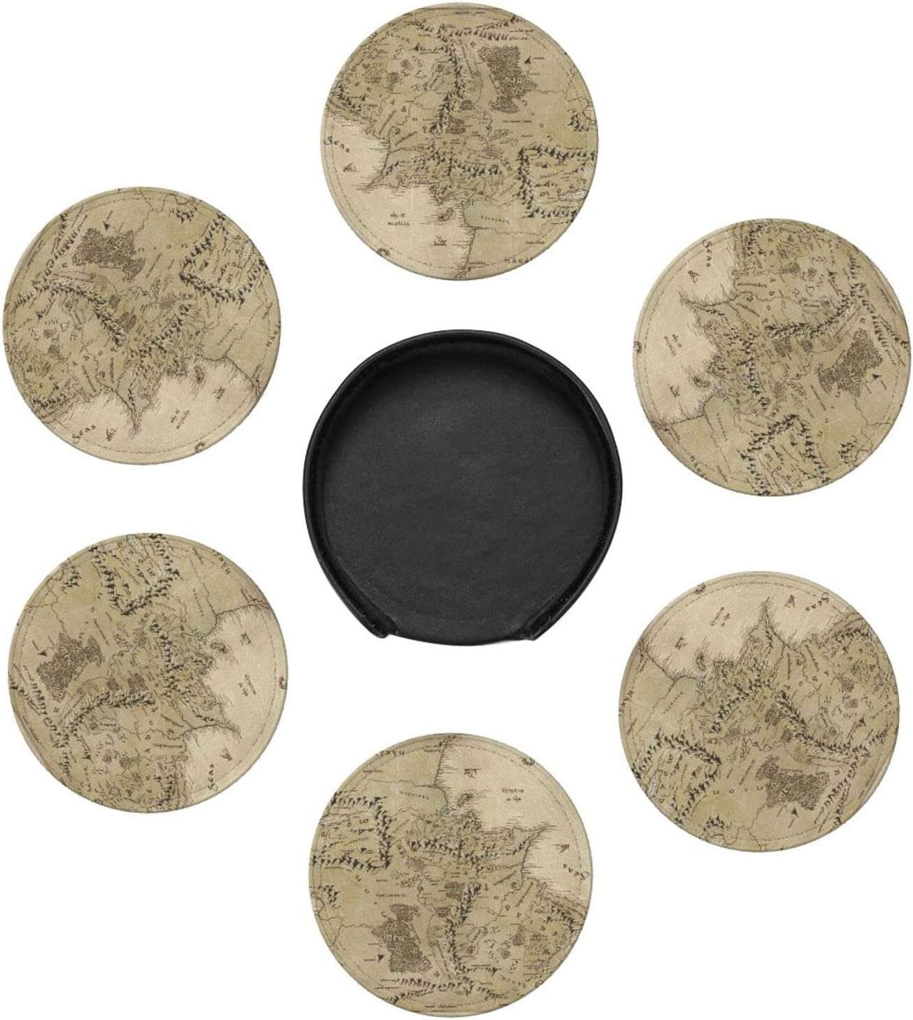 SEPTYK Middle Earth Map Pattern Coasters for Drinks with Holder Set of 6 Leather Round 4" for Home Kitchen Decor Coffee Cup Housewarming - Image 3