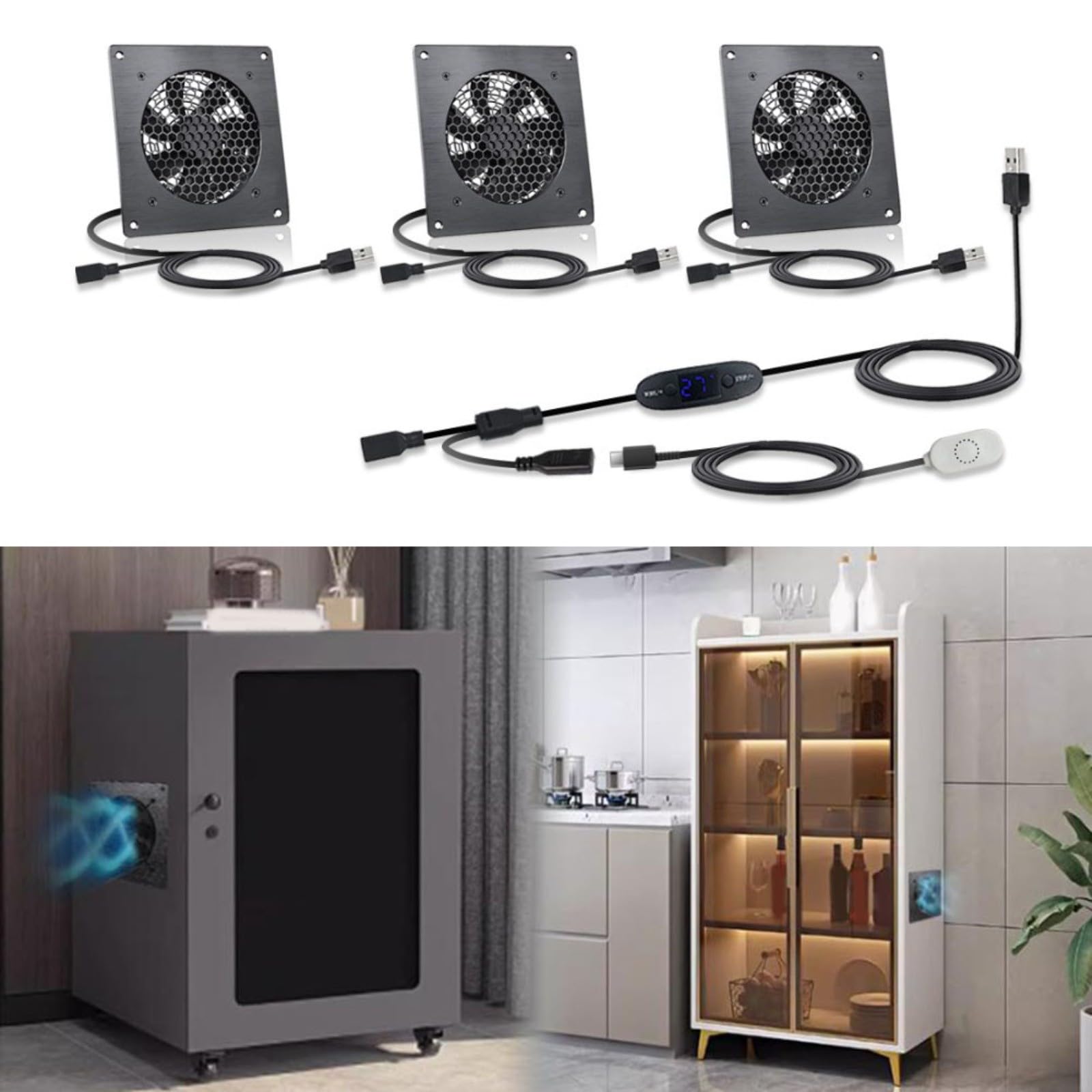 USB Lüfter mit Temperatursteuerung 10 Stufen 0-60°C 120mm Leise 16dB IPX5 Wasserdicht Eisen Gehäuse für Server Schrank Gewächshaus Büro Schwarz(U10T1225JGX3)