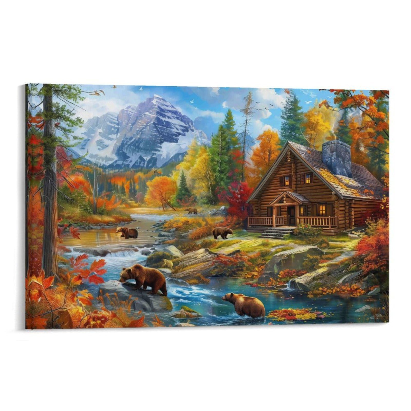 CPLVKWRQJ Autumn Cabin Mountain View Individual Mountain Cabin Bears Autumn Stream Canvas Wall Decor - Nursery Wall Hanging Space Saving Removable Ready to Hang 20x30inch(50x75cm)