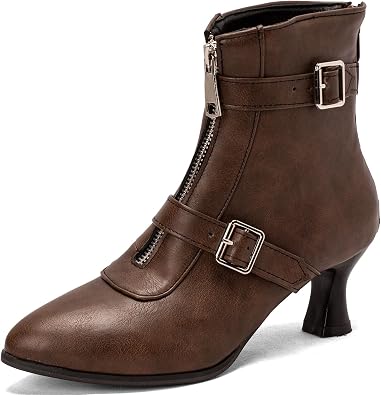 Betastella Womens Low Kitten Heel Ankle Boots Buckle Strap Pointed Toe Booties Zip Up Short Boots