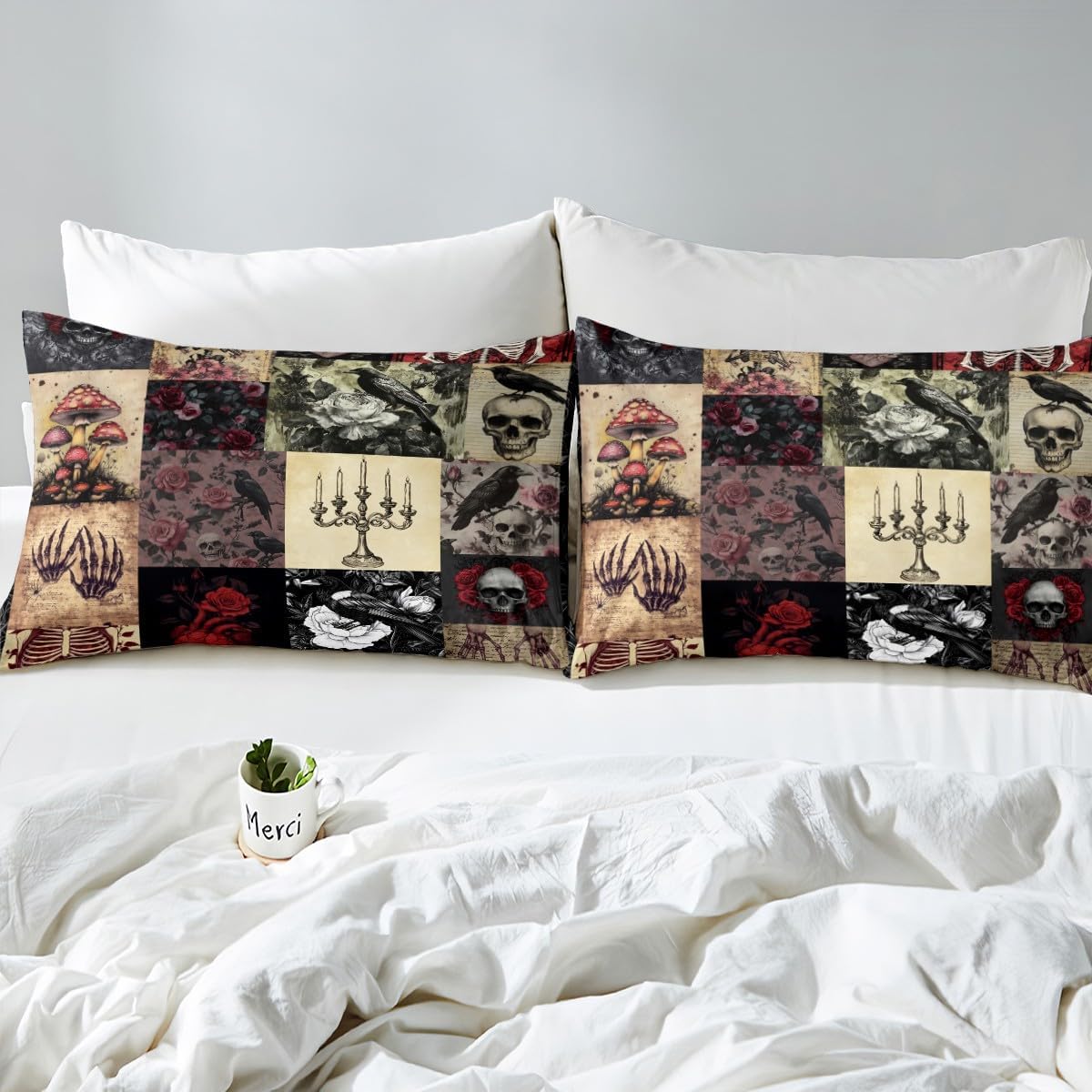 Boho Skeleton Bedding Set Queen Size,Rose Flower Crow Duvet Cover Set for Kids Girls Woman Teens Room Decor,Gothic Mushroom Skull Pattern Comforter Cover Red Black Patchwork Plaid Quilt Cover 3Pcs