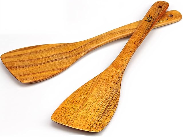 Wooden Spatula Set for Cooking - 12 Inch Premium Long Handled Wood Kitchen Spatula Hard Wood Ideal for Pan, Cooking Utensils and Wok - Wood Turner, Corner Spatula, Spoon, Scraper Pack of 2