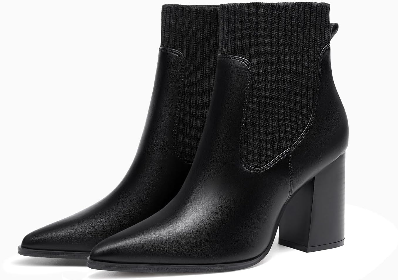 Coutgo Women Ankle Boots Sock Booties Pointed Toe Chunky Stacked High Heel Knit Chelsea Winter Dress Booties - Image 4