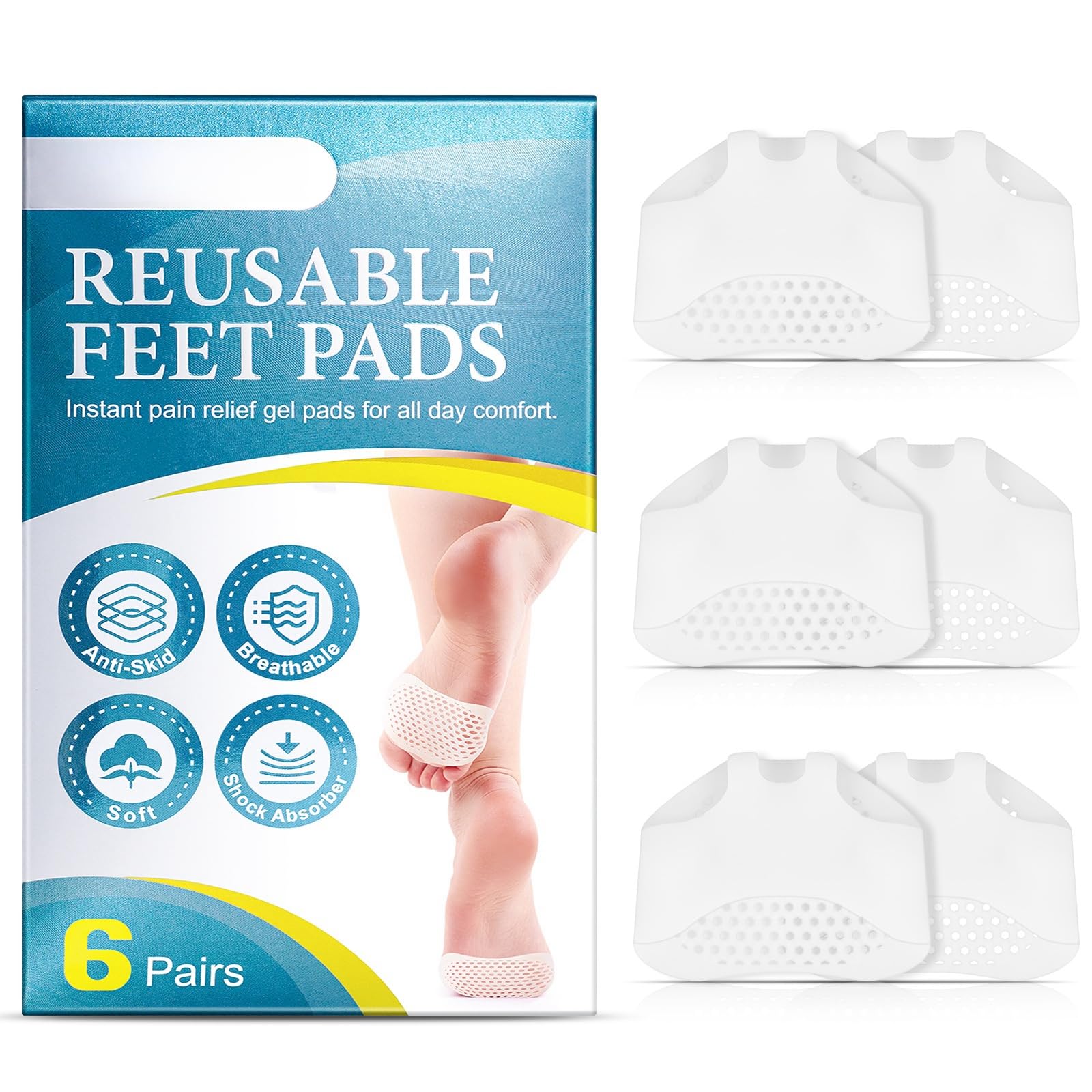 JDLYEVERJDLYEVER Reusable Feet Pads 6-Pair Enhanced Comfort for High Heels, Silicone Material, Anti-Slip Design, Universal Compatibility, Easy to Use & Clean, Discreet and Unobtrusive Appearance