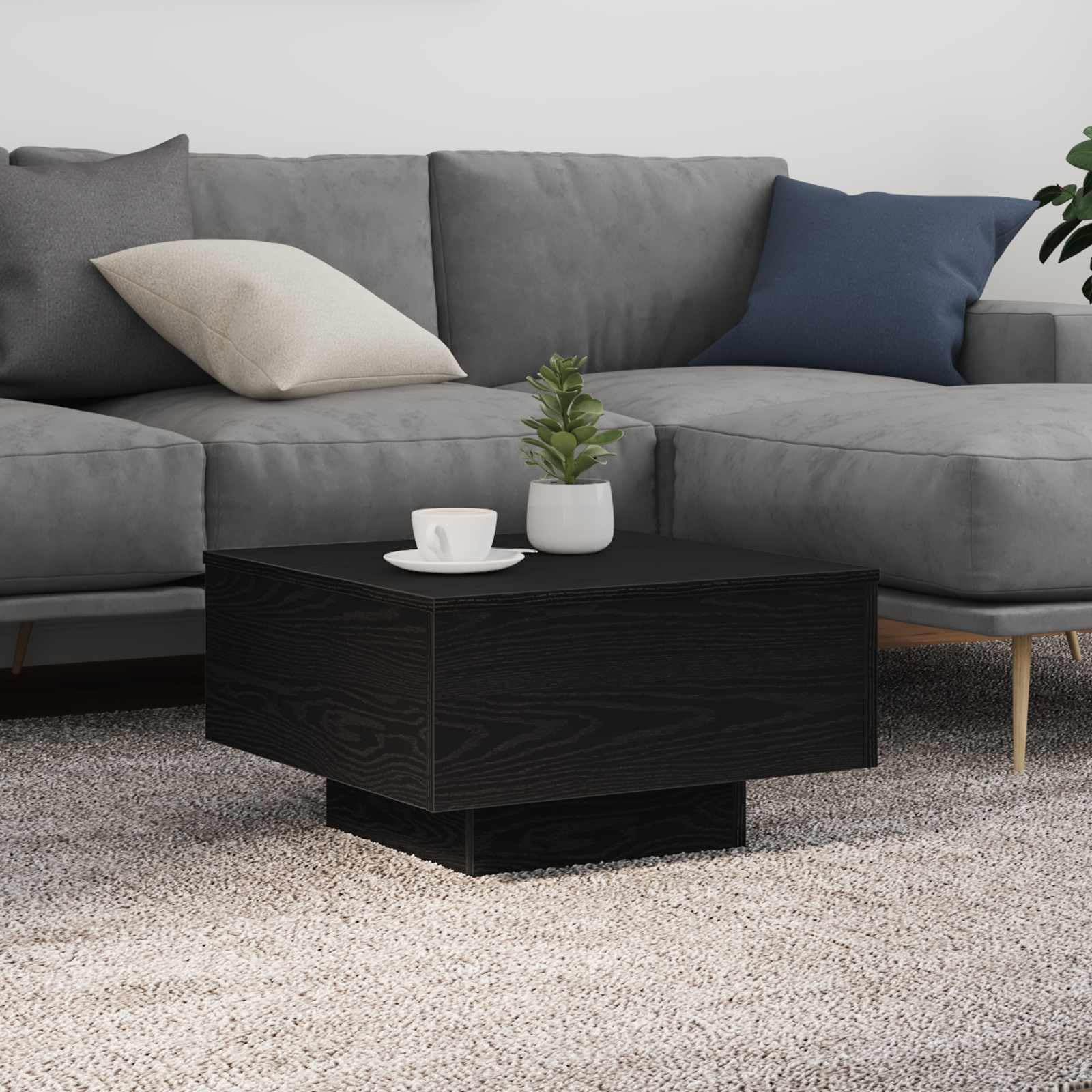 SXZenSpace Small Coffee Table with LED Lights 55x55x31 cm Black Oak Engineered Wood, Modern Living Room Accent Centre for Lounge Sofa Side