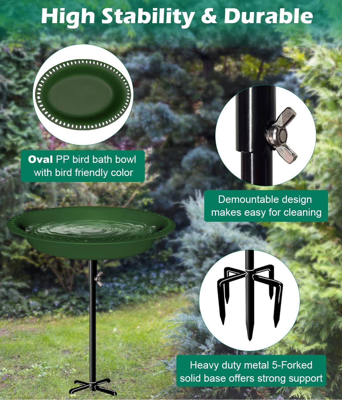Bain d'oiseaux amovible de 73,6 cm de hauteur avec support en métal, bol ovale pour oiseaux et mangeoire à oiseaux avec base à 5 dents pour jardin extérieur, vert