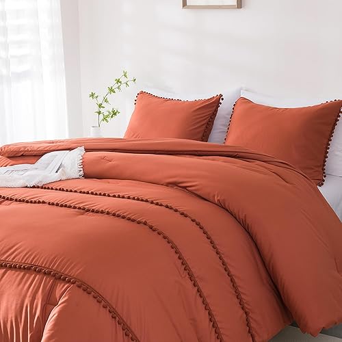 Miniatura 5 de Andency Juego de edredón naranja quemado, tamaño matrimonial, juego de edredón de 3 piezas con pompones de terracota, estético bohemio, juego de