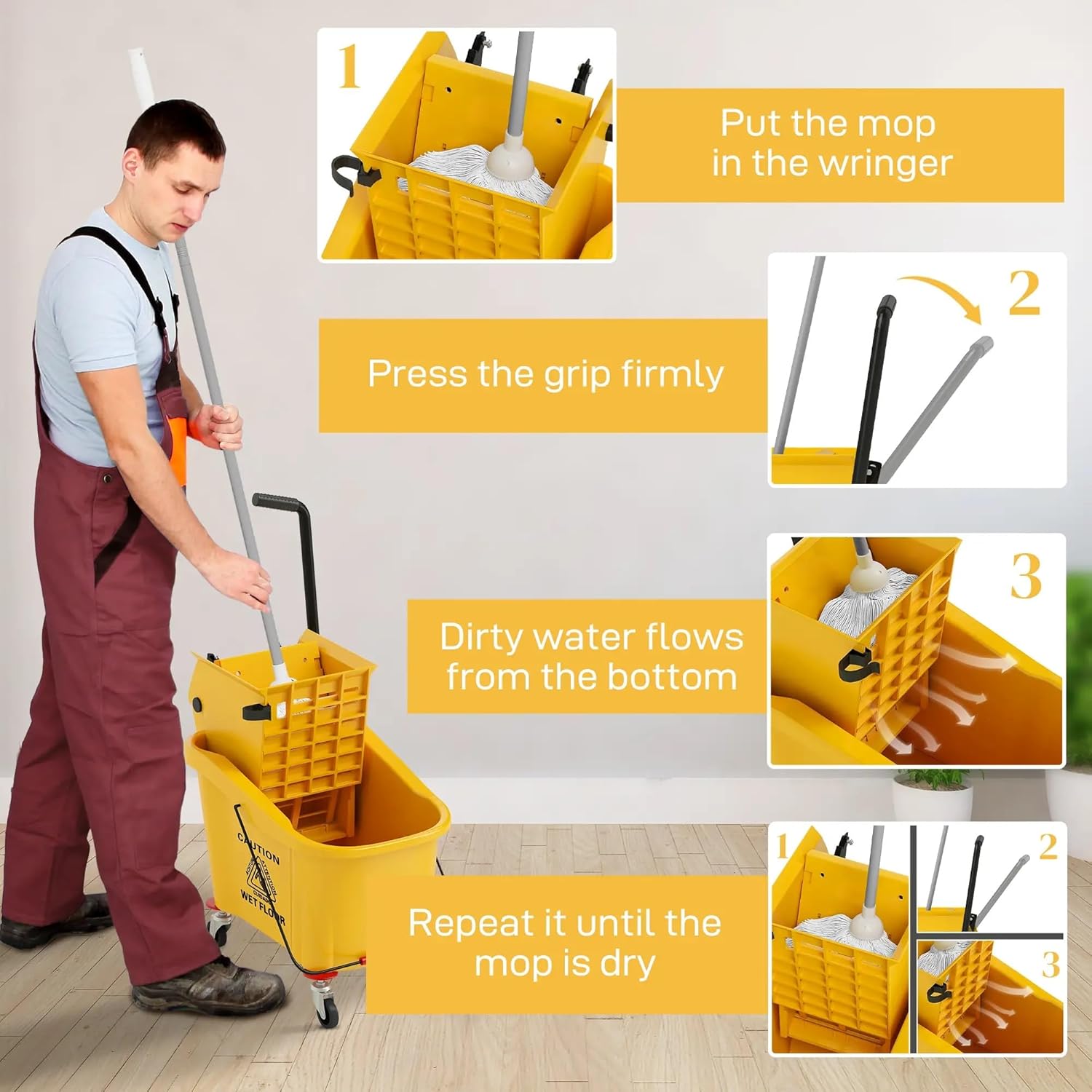 38 Quart Mop Bucket with Down Press Wringer on Wheels, Rolling Floor Cleaning Bucket with Handle, Commercial Cleaning System (Yellow) (Yellow)