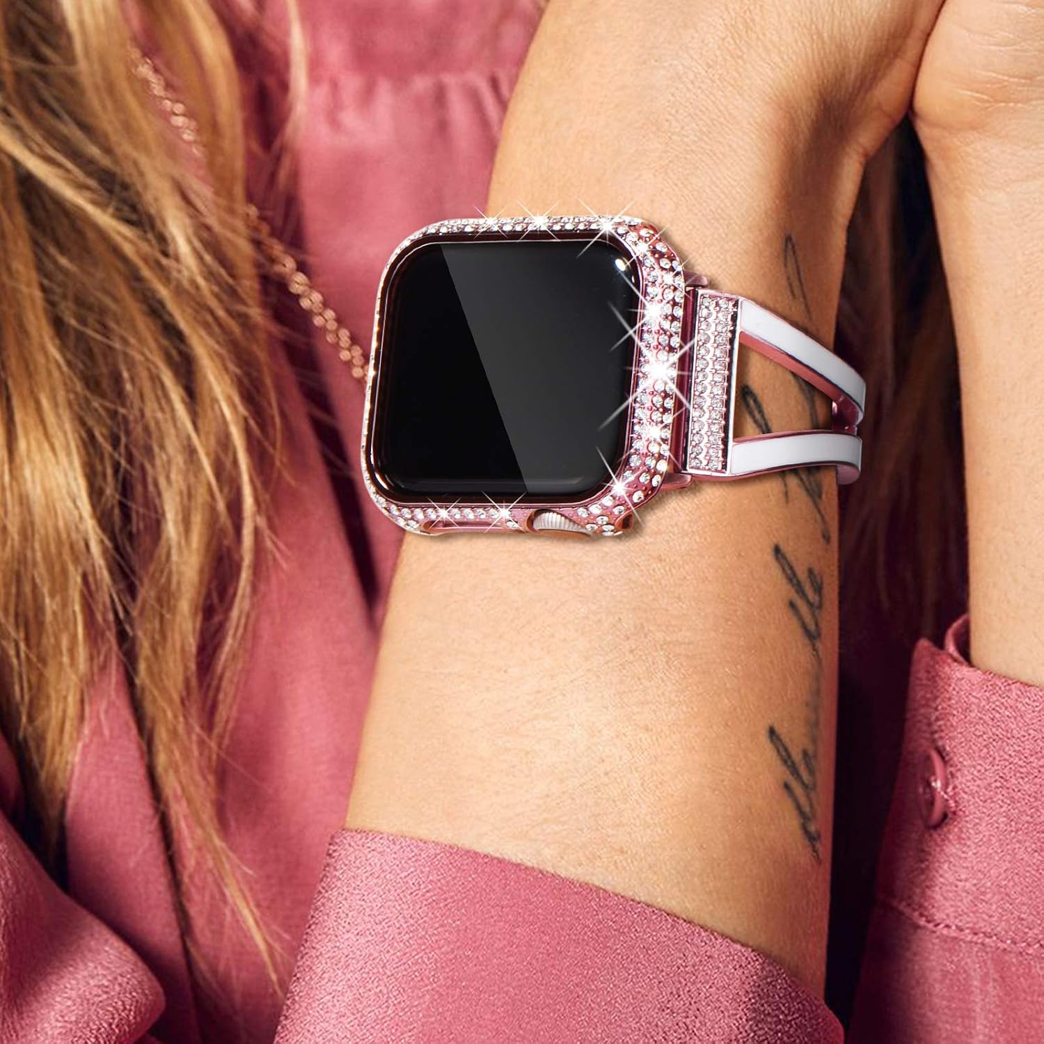 NewWays 2-Pack Full Diamonds Bling Cases for Apple Watch Case 40mm Women, Fully Paved Diamonds Protective Bumper for iWatch SE Series 6 5 4 40mm, Pink/Clear image 5