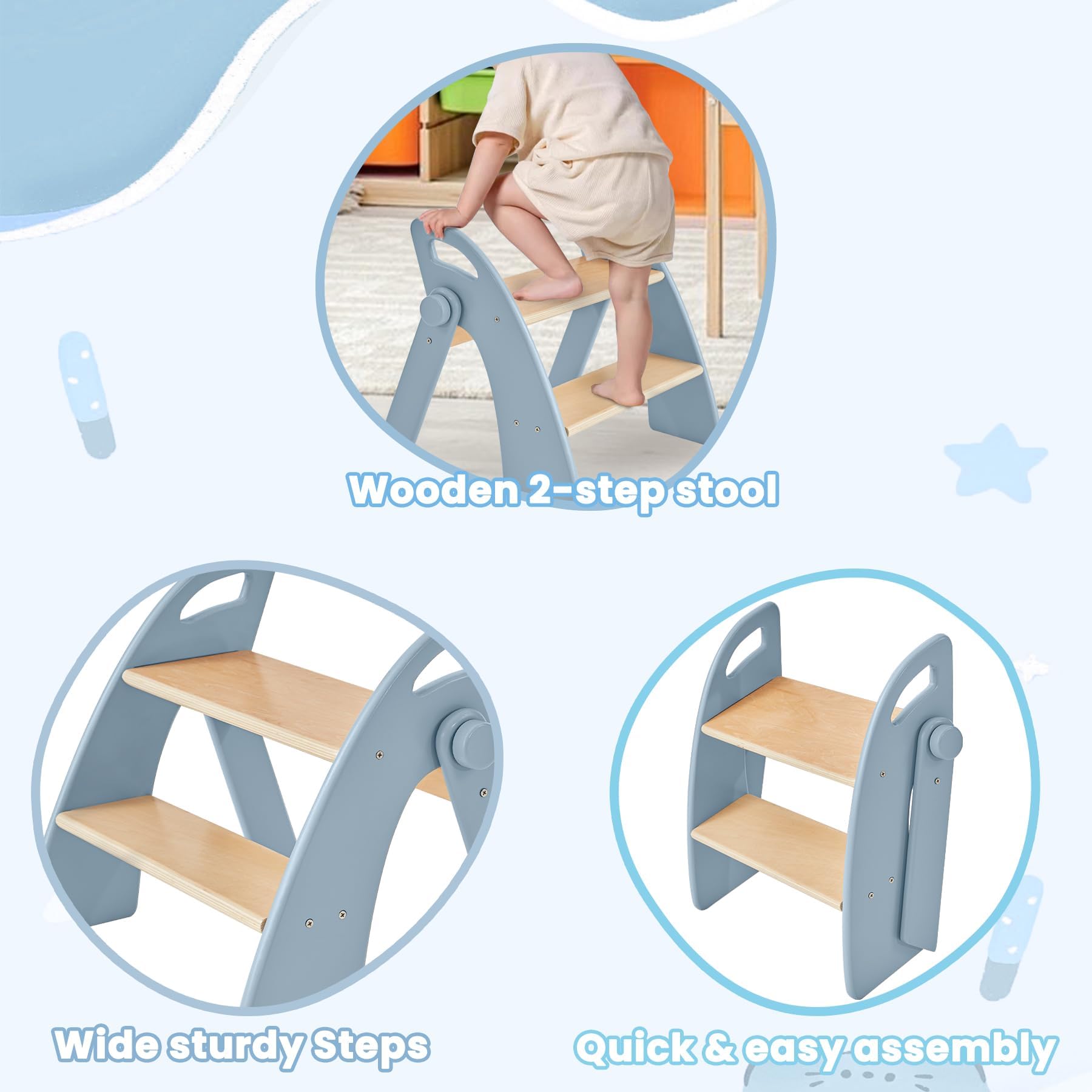 Taburete Niños Madera de 2 Peldaños Plegable, Capacidad de 130 kg con Alfombrilla Antideslizante y Asas, Escalon Infantil para Dormitorio, Cuarto de Caño, Cocina, Azul