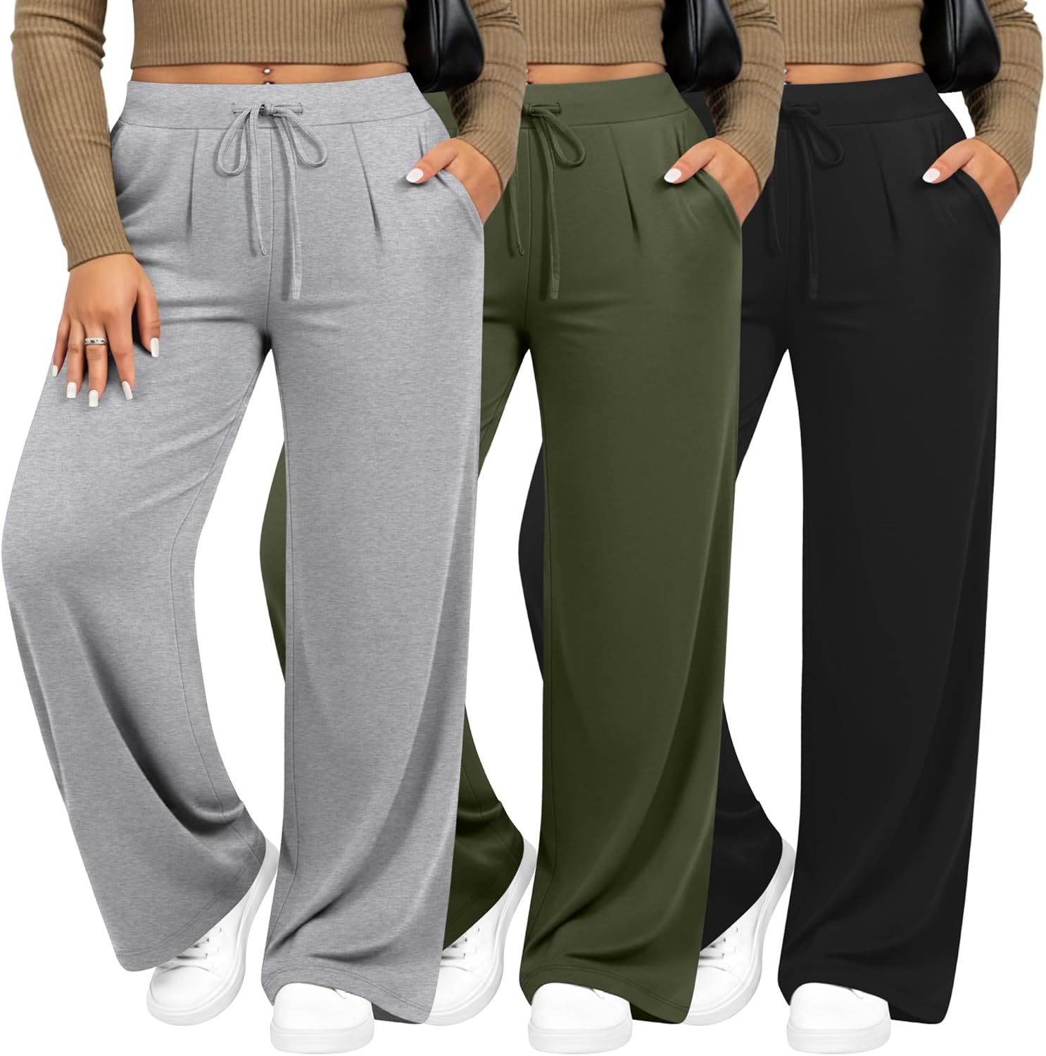 Evervibe 3 Pack Women's Plus Size Wide Leg Yoga Pants, Drawstring Lounge Sweatpants Loose Casual Workout Pants with Pockets