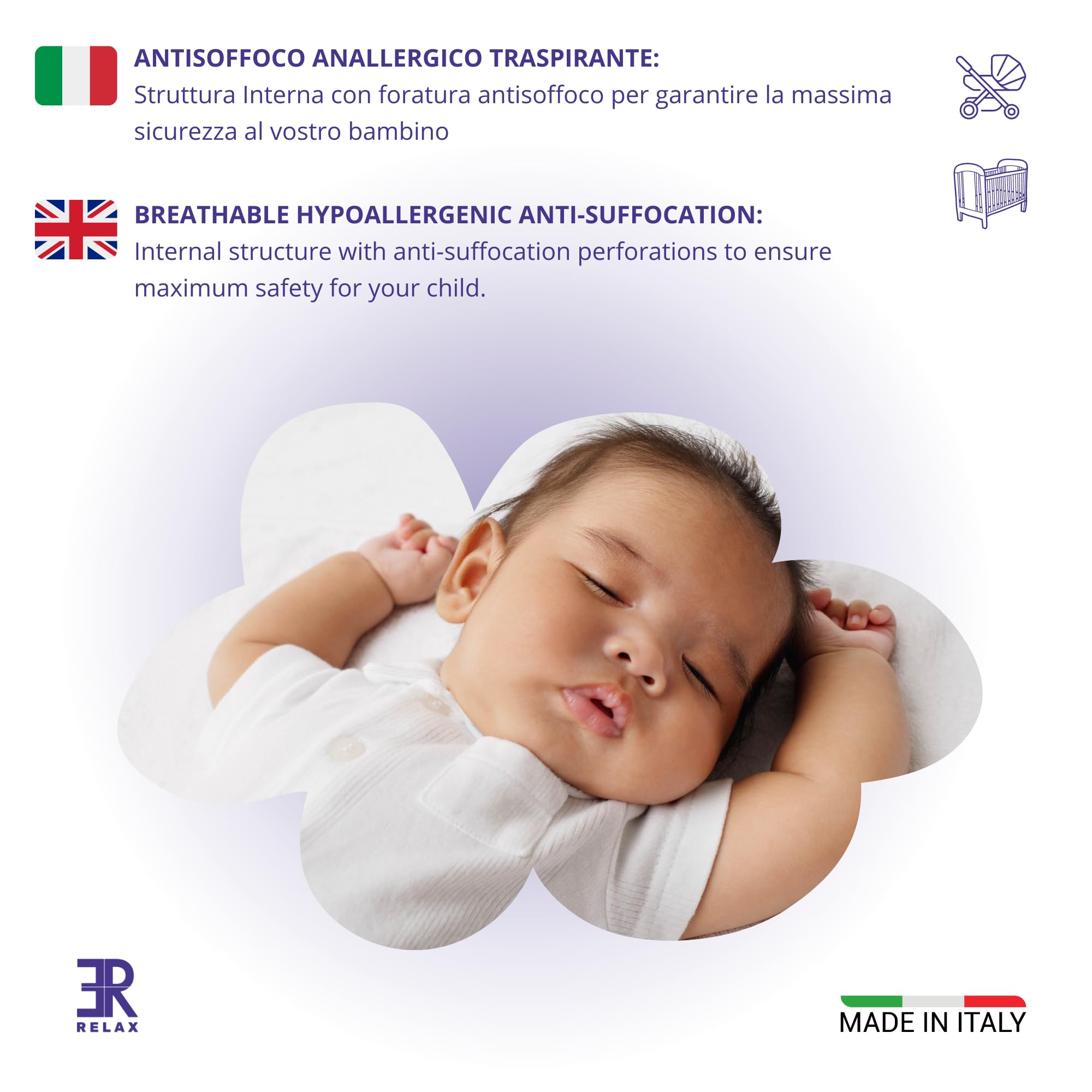 ER RELAX Ghiro Anti-suffocation Cushion for Pram and Stroller 36 x 27 x 3 cm, Removable Cover - Image 3