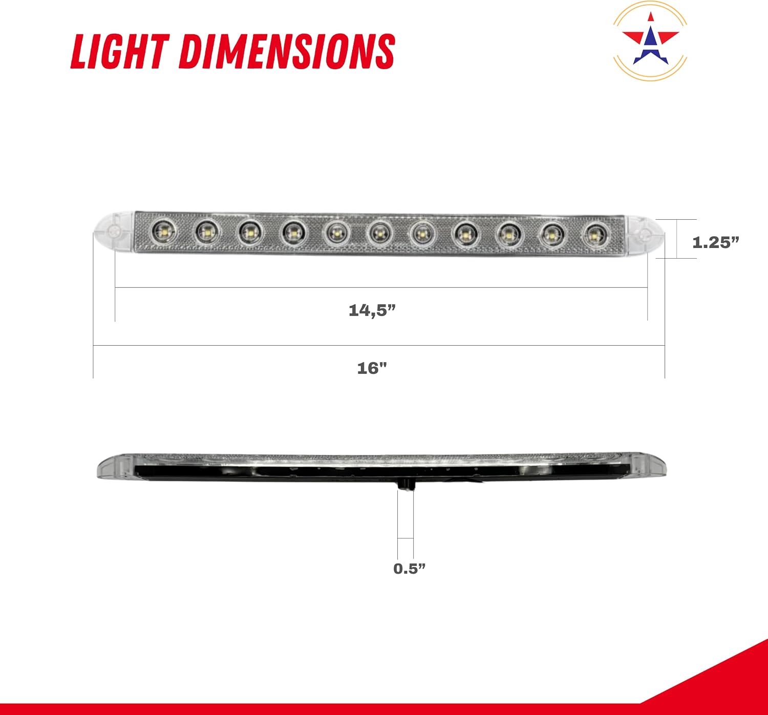 16" Slim-Line Indicator Bar, White LED Clear Reflex Lens, 11 LED, Back-Up/Reverse, Super Bright, Surface Mount, 12V, IP65 Waterproof, DOT FMVSS 108/SAE, for Truck, Utility Trailer, RV, Campers