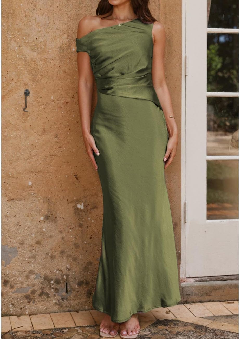 Women's Summer Elegant Satin Off Shoulder Sleeveless Maxi Dress Formal Cocktail Wedding Guest Long Dresses