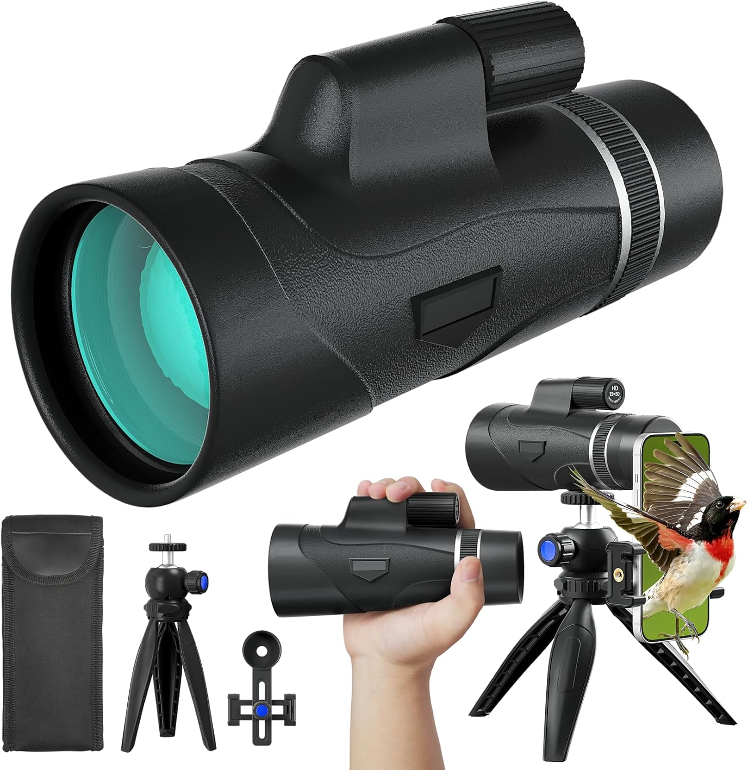 15x50 HD Monocular for Adults High Powered with Phone Adapter and Tripod, Monocular Compact with BAK4 Prism & FMC Lens, Monoculars for Hunting, Bird Watching, Hiking,Traveling