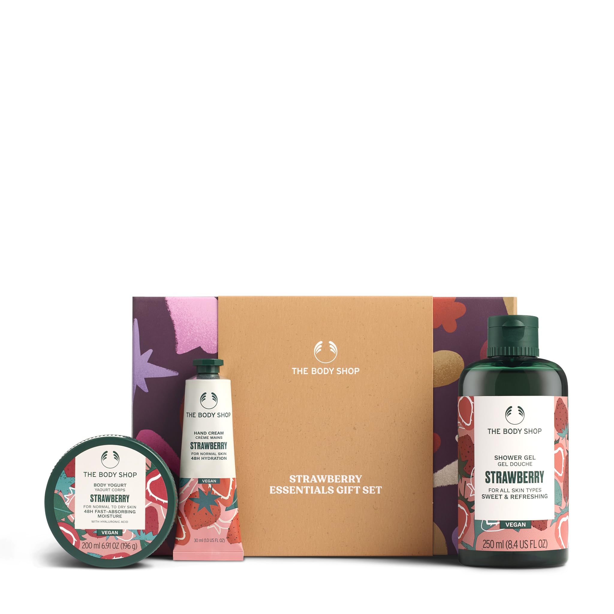 The Body Shop Strawberry Essentials - Juego de Regalo de Cuidado Corporal (Gel de Ducha de 250 ml + Yogur Corporal de 200 ml + Crema de Manos de 30 ml), Trío Festivo Afrutado con Extracto de Fresa