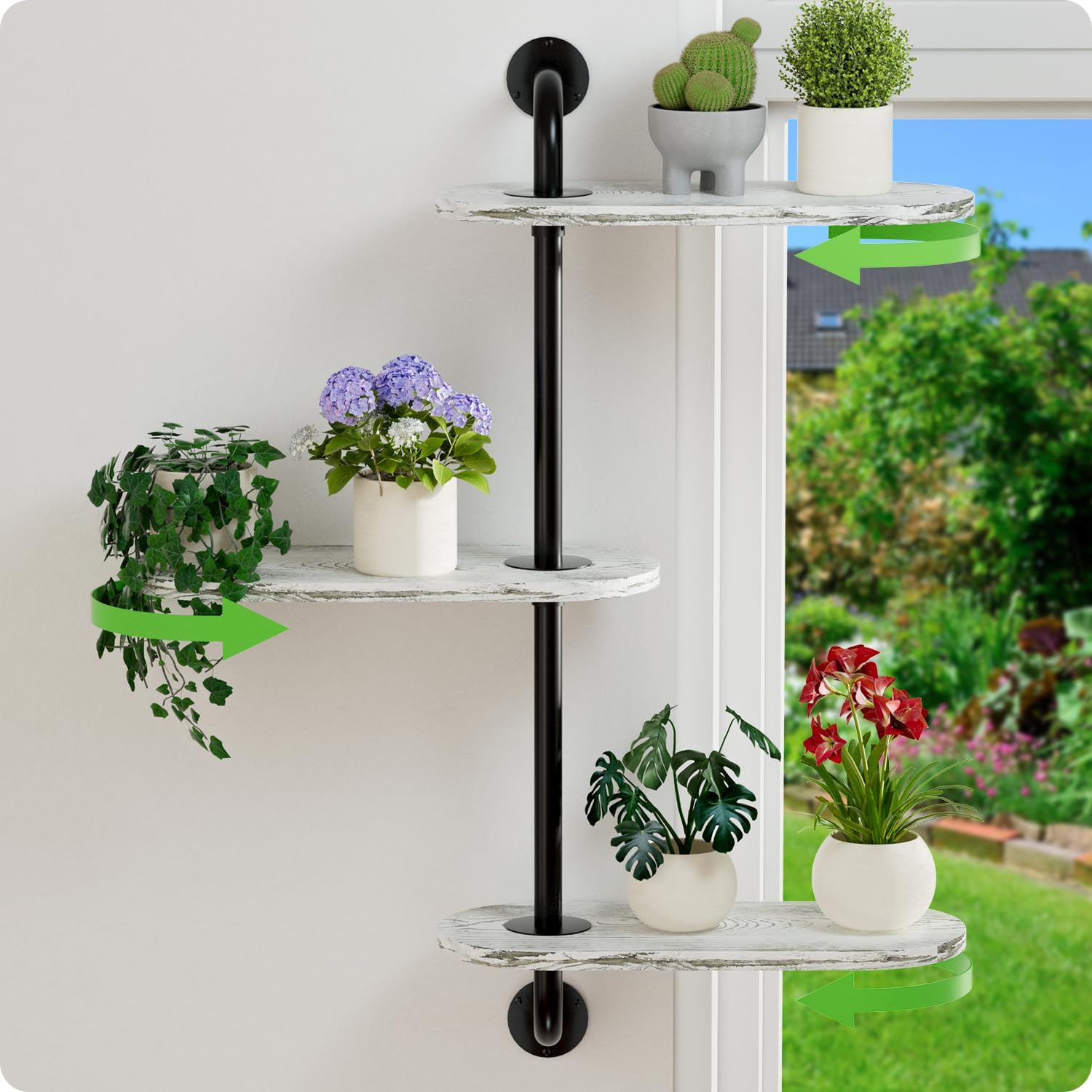 Rotating Window Plant Shelves 3-Tier, Wooden Window Shelf for Plants, Sill Space-Saving Corner Hanging Wall Stand for Multiple Plants, Indoor Home Decor, White