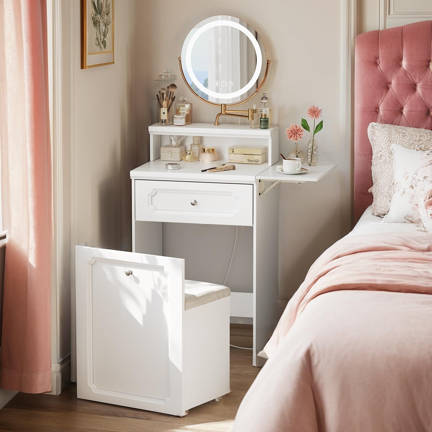 Morwdxef Vanity Desk with Mirror and Lights,Compact Makeup Vanity Desk with Lights and Rotatable Round Mirror, Cushion Chair with Storage,Fold-up Desktop,Dressing Table for Bedroom