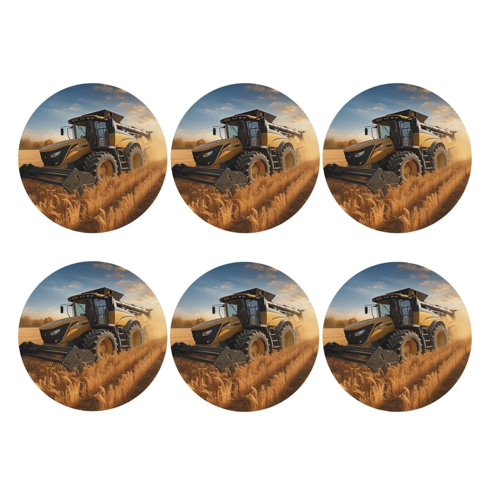 6pcs Leather Coasters for Drinks, Farm Tractor Harvester Drink Coasters for Tabletop Protection, 4" Cup Coasters for Coffee Table Decor, Non-Slip Drinking Cup Mat for Hot Or Cold Drink