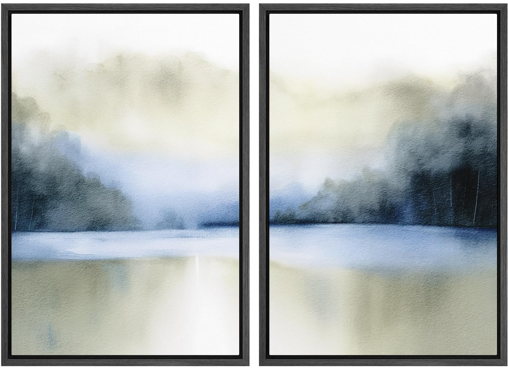 IDEA4WALL Framed Canvas Print Wall Art Set Serene Blue Lake Watercolor Landscape Illustrations Modern Art Decorative Coastal Cottage Seascape for