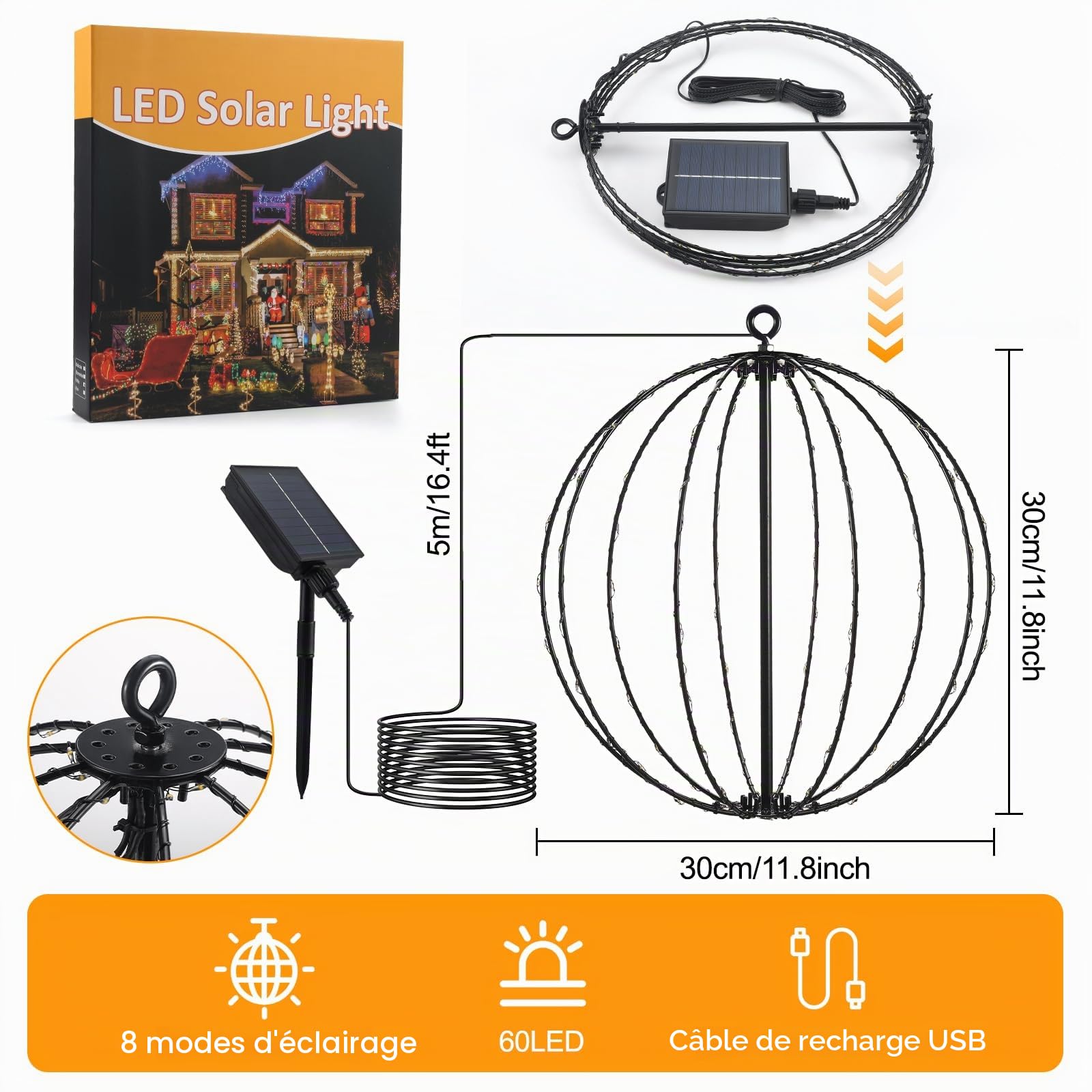 Lanterne Solaire Exterieur Jardin à Suspendre, JIMACRO 30cm Grande Guirlande Lumineuse à LED Métal Lampe Solaire Exterieur Decorative 120 LEDs Étanche Lumière Décorative de Noël